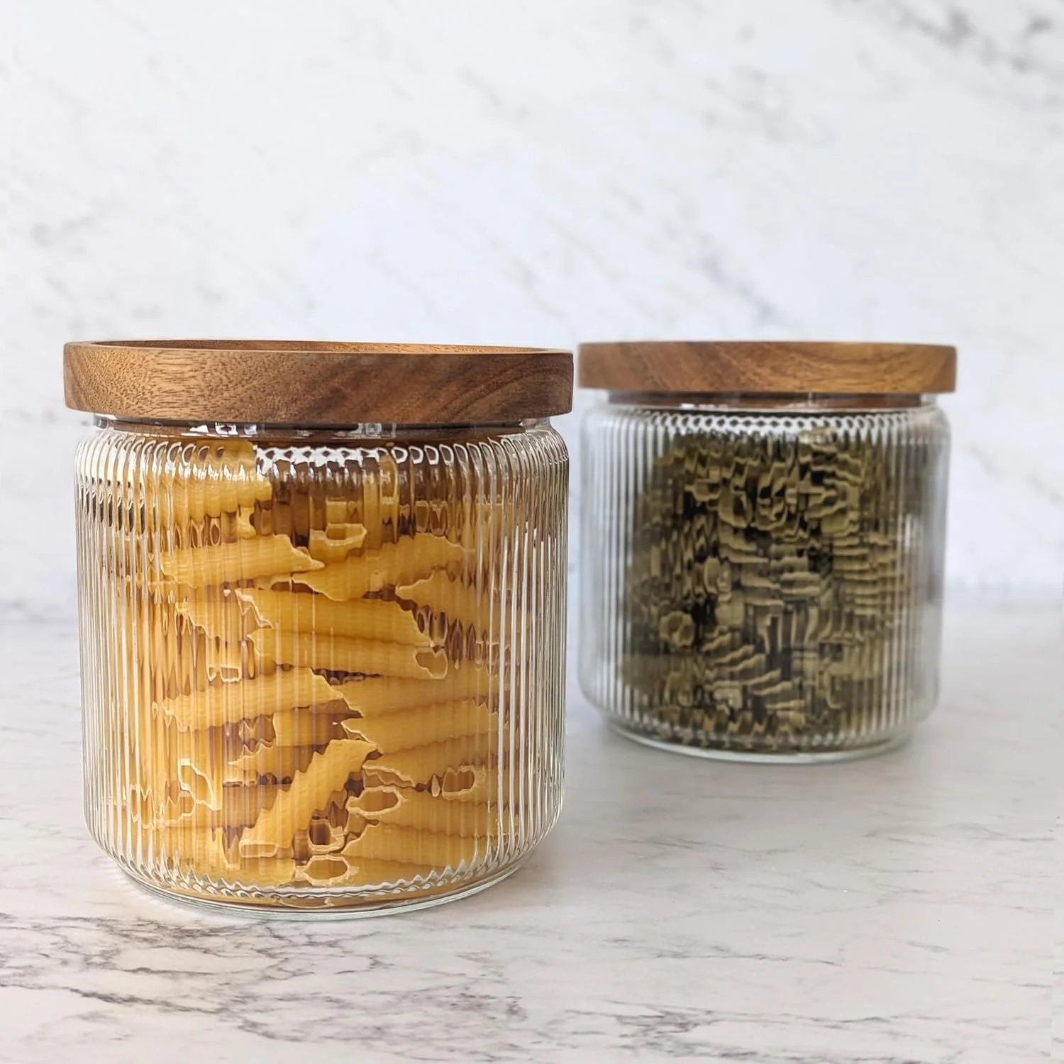 Mason & Fable Ribbed Glass Jar, Stackable & Airtight Wooden Lid- Storage Canister for Cereal, Pasta, Rice/Flour - High End Look for Kitchen, Pantry, Bar Organization - 40oz, Set of 2 Mason & Fable Ribbed Glass Jar, Stackable & Airtight Wooden Lid- Storage Canister for Cereal, Pasta, Rice/Flour - High End Look for Kitchen, Pantry, Bar Organization - 40oz, Set of 2