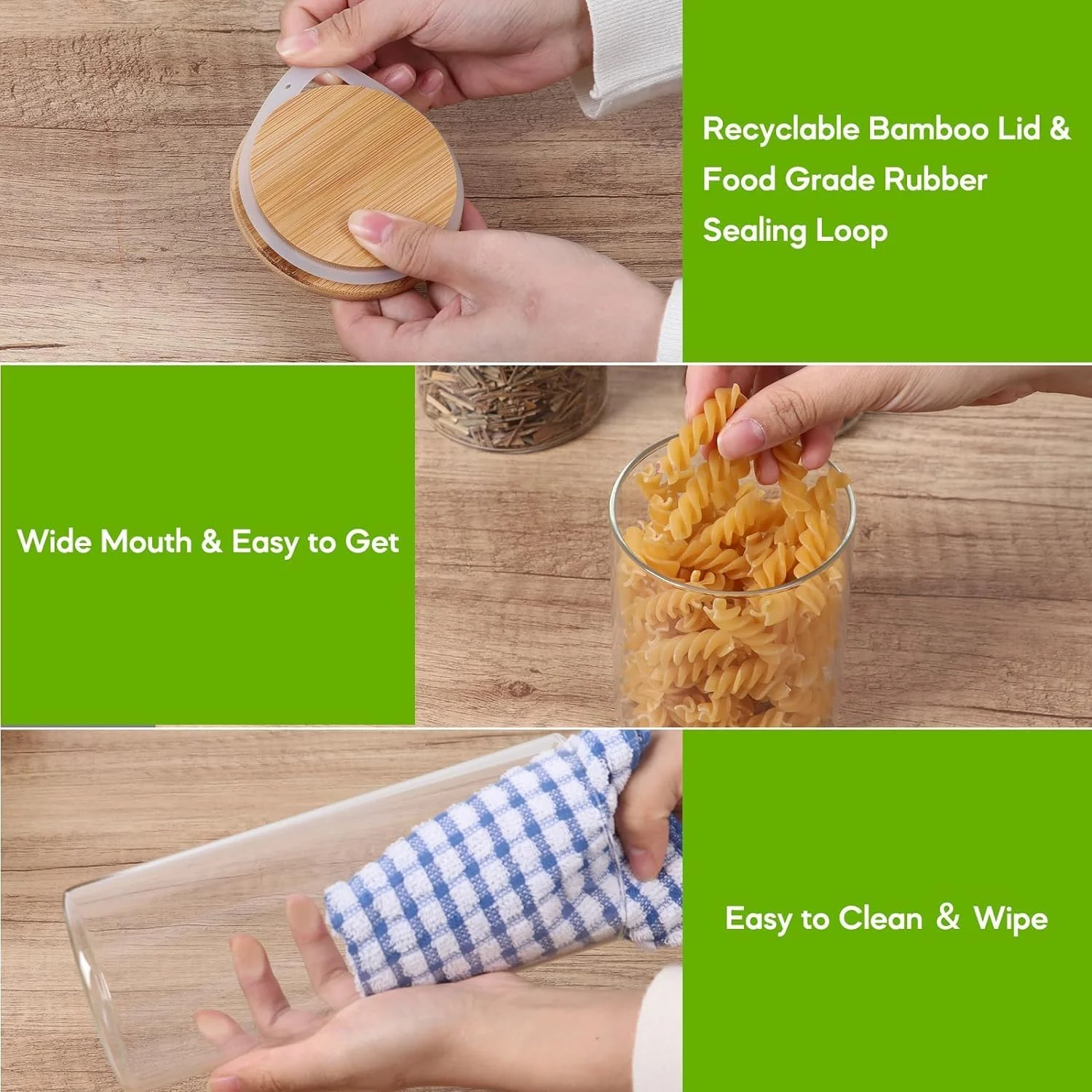 MEETOZ Set of 3 Glass Food Storage Jars, 34oz Food Containers with Airtight Wooden Lids for Nuts, Coffee Beans, Sugar, Flour, Glass Canisters for Kitchen, Pantry Organization and Storage, BPA Free