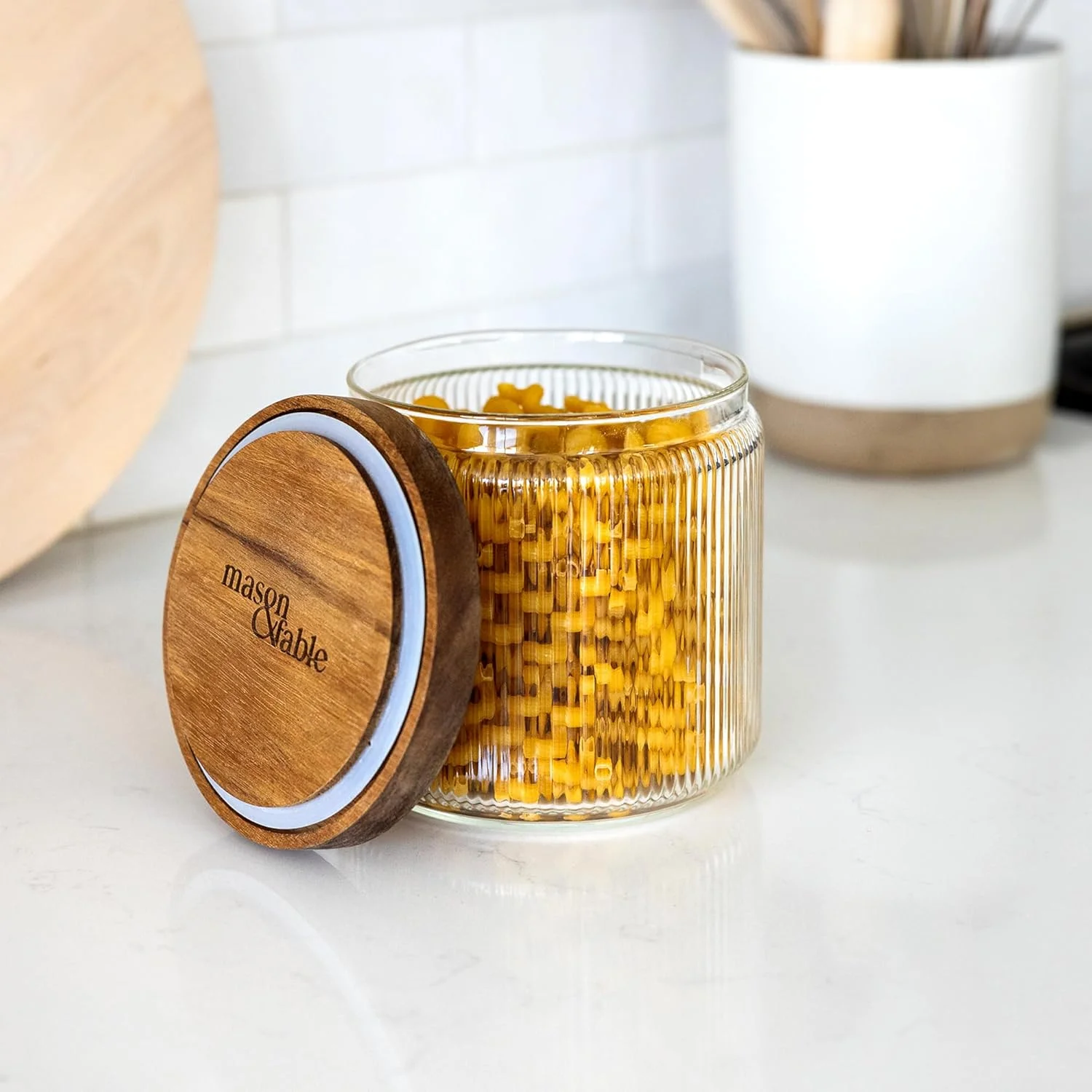 Mason & Fable Ribbed Glass Jar, Stackable & Airtight Wooden Lid- Storage Canister for Cereal, Pasta, Rice/Flour - High End Look for Kitchen, Pantry, Bar Organization - 40oz, Set of 2 Mason & Fable Ribbed Glass Jar, Stackable & Airtight Wooden Lid- Storage Canister for Cereal, Pasta, Rice/Flour - High End Look for Kitchen, Pantry, Bar Organization - 40oz, Set of 2