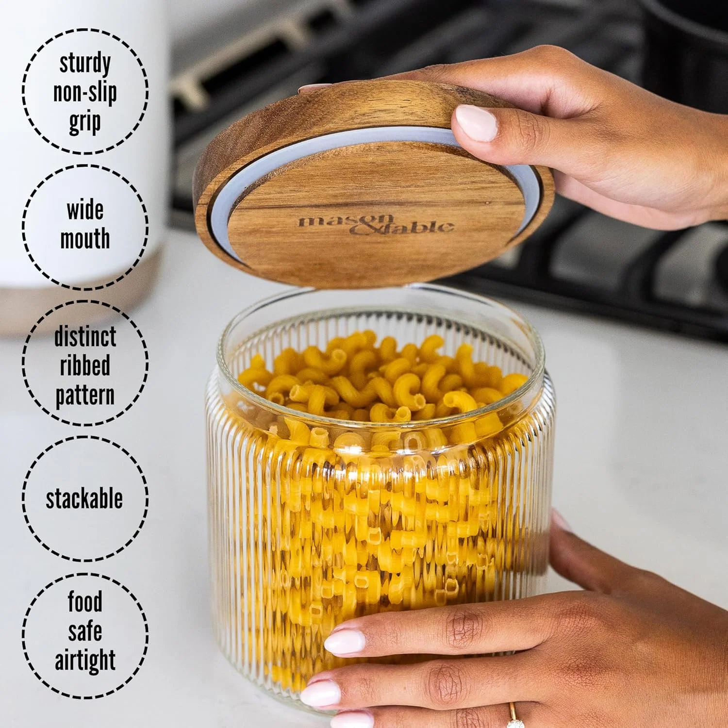 Mason & Fable Ribbed Glass Jar, Stackable & Airtight Wooden Lid- Storage Canister for Cereal, Pasta, Rice/Flour - High End Look for Kitchen, Pantry, Bar Organization - 40oz, Set of 2 Mason & Fable Ribbed Glass Jar, Stackable & Airtight Wooden Lid- Storage Canister for Cereal, Pasta, Rice/Flour - High End Look for Kitchen, Pantry, Bar Organization - 40oz, Set of 2