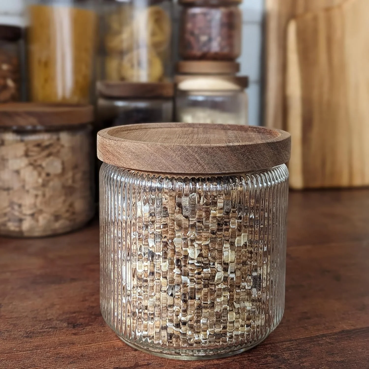 Mason & Fable Ribbed Glass Jar, Stackable & Airtight Wooden Lid- Storage Canister for Cereal, Pasta, Rice/Flour - High End Look for Kitchen, Pantry, Bar Organization - 40oz, Set of 2 Mason & Fable Ribbed Glass Jar, Stackable & Airtight Wooden Lid- Storage Canister for Cereal, Pasta, Rice/Flour - High End Look for Kitchen, Pantry, Bar Organization - 40oz, Set of 2