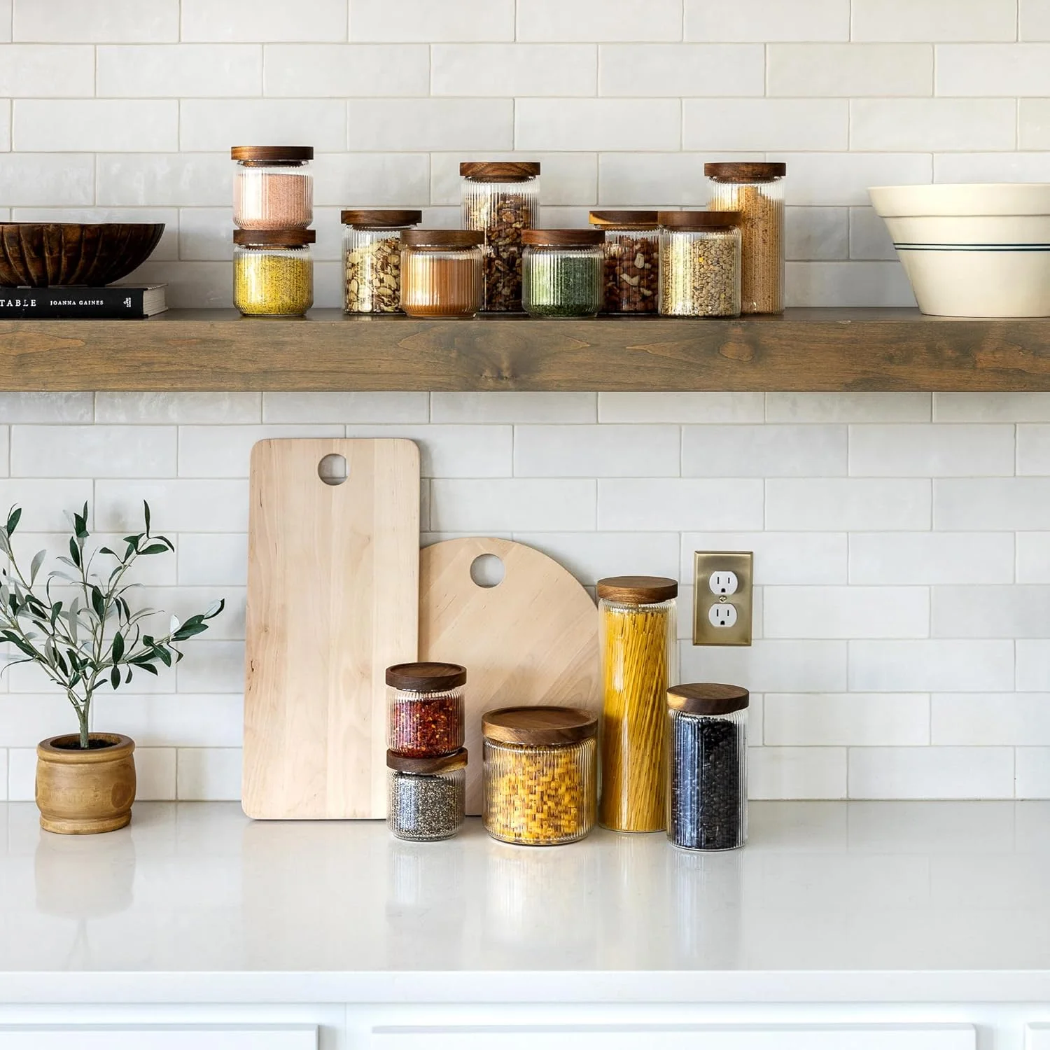 Mason & Fable Ribbed Glass Jar, Stackable & Airtight Wooden Lid- Storage Canister for Cereal, Pasta, Rice/Flour - High End Look for Kitchen, Pantry, Bar Organization - 40oz, Set of 2 Mason & Fable Ribbed Glass Jar, Stackable & Airtight Wooden Lid- Storage Canister for Cereal, Pasta, Rice/Flour - High End Look for Kitchen, Pantry, Bar Organization - 40oz, Set of 2