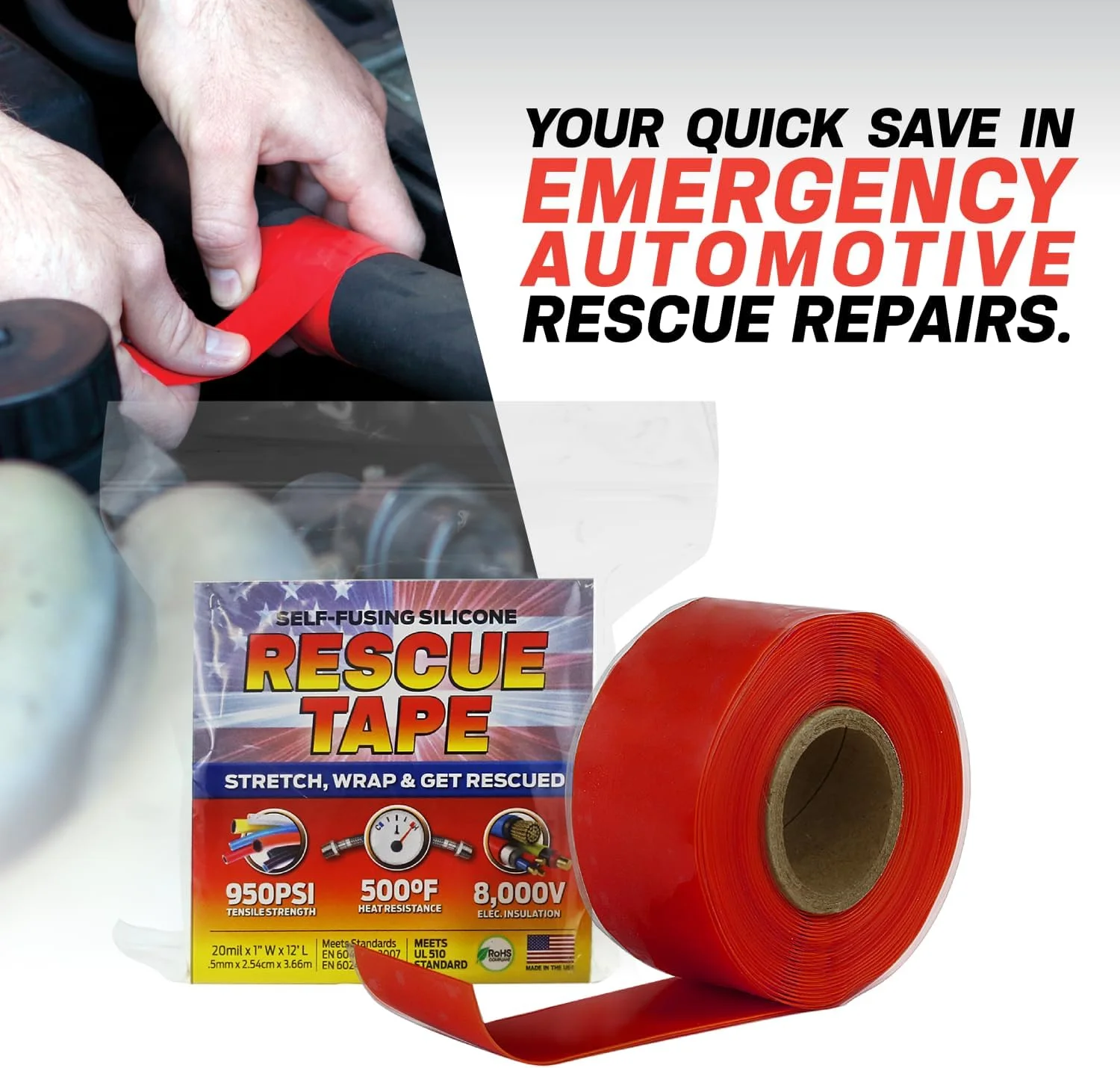 نوار نجات باند ایت، نوار سیلیکونی خودجوش، تعمیر اضطراری لوله کشی و شلنگ رادیاتور، عایق الکتریکی، استاندارد نظامی، 1 اینچ × 12 فوت، زرد