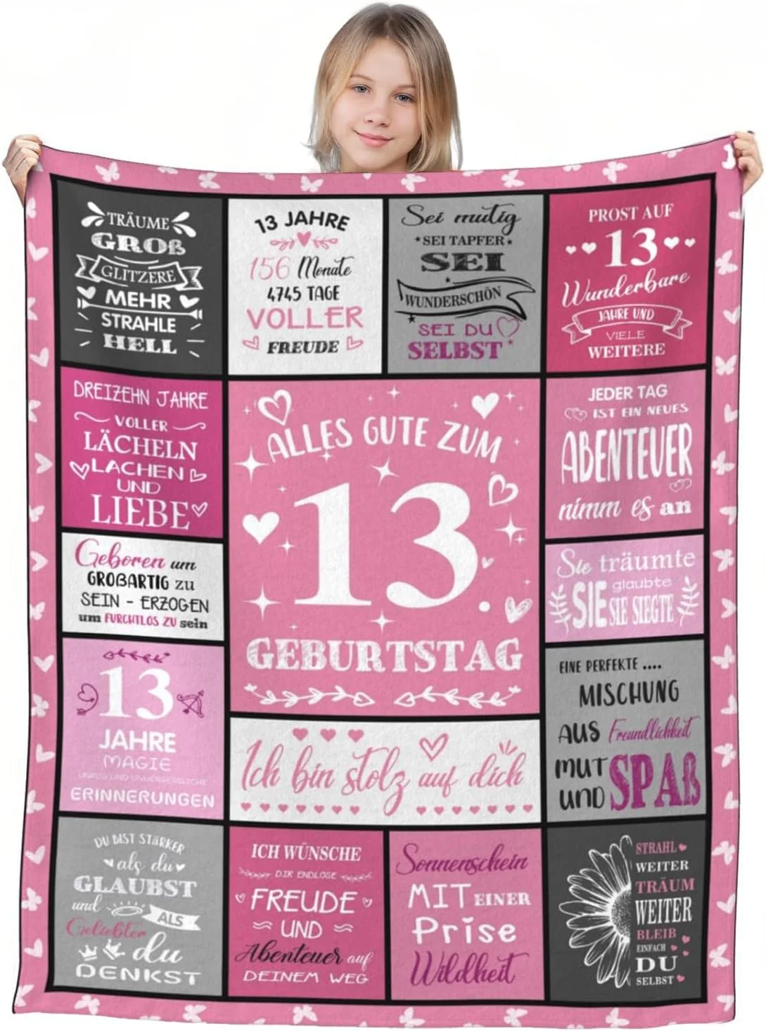 هدیه تولد 13 سالگی FestiKiva برای دختران، پتو 150 × 130 سانتی متر، پتو پشمی زیبا، هدیه تولد برای دختر 13 ساله، تزئینات تولد 13 سالگی (صورتی تولد 13 سالگی)