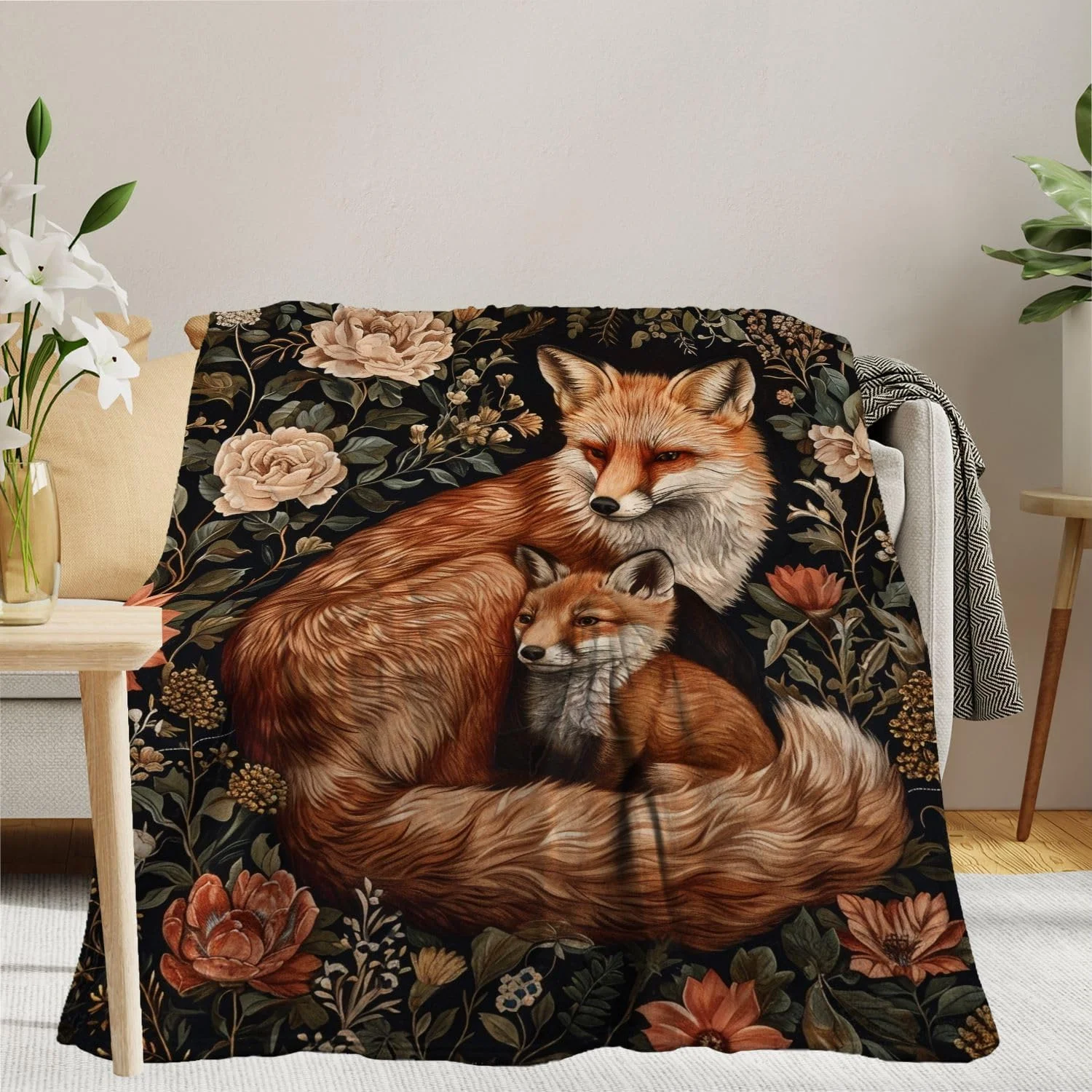 پتوی گرم نوزاد طرح روباه اثر هنری Fchen، پتو فلانل پشمی طرح گل روباه، پتوی سبک وزن، گل های بوهو، پتوی گرم و نرم، پتوی تخت خواب نرم و راحت برای مسافرت، کمپینگ و صندلی، 125x150 سانتی متر