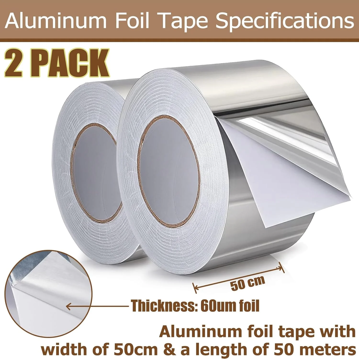 نوار فویل آلومینیومی 5 سانتی متر در 50 متر - 2 رول نوار چسب نقره ای عایق ضد آب با درجه حرارت بالا برای تعمیر مجرای HVAC، لوله ها، تعمیرات خانگی، مقاوم در برابر شعله و محافظت شده در برابر اشعه ماوراء بنفش