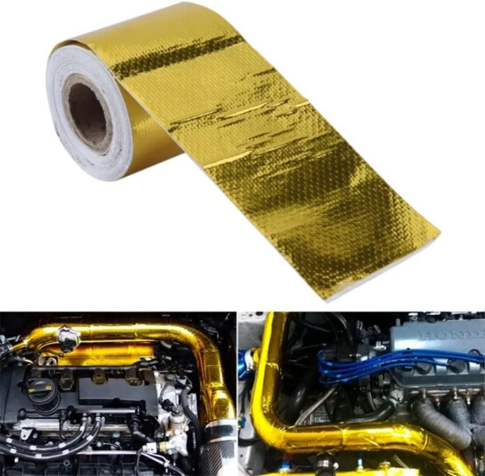 نوار فویل آلومینیومی خودرو، نوار چسب فویل آلومینیومی محافظ حرارتی بازتابنده، نوار مقاوم در برابر حرارت برای لوله اگزوز موتور، طلایی، 2 اینچ × 16.4 فوت (5 متر)
