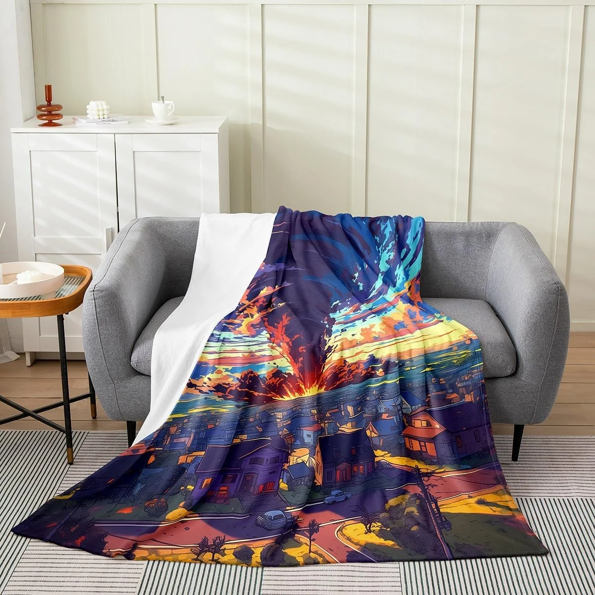 پتو طرح گردباد کارتونی Erosebridal سایز کوئین 90x90، پتو فلانل طرح گردباد رنگی برای کودکان، پسران و نوجوانان، دکوراسیون اتاق خواب با طرح بلایای طبیعی، نرم و لوکس