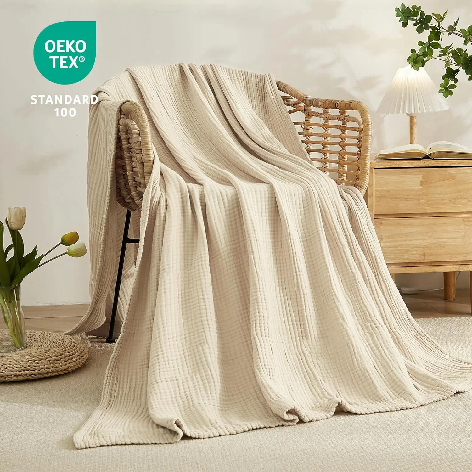 EMME Cotton Throw Blanket 100% Muslin for Couch 4-Layer Breathable Gauze All Season Soft and Lightweight Pre-Washed (Light Tan, 55"x75")