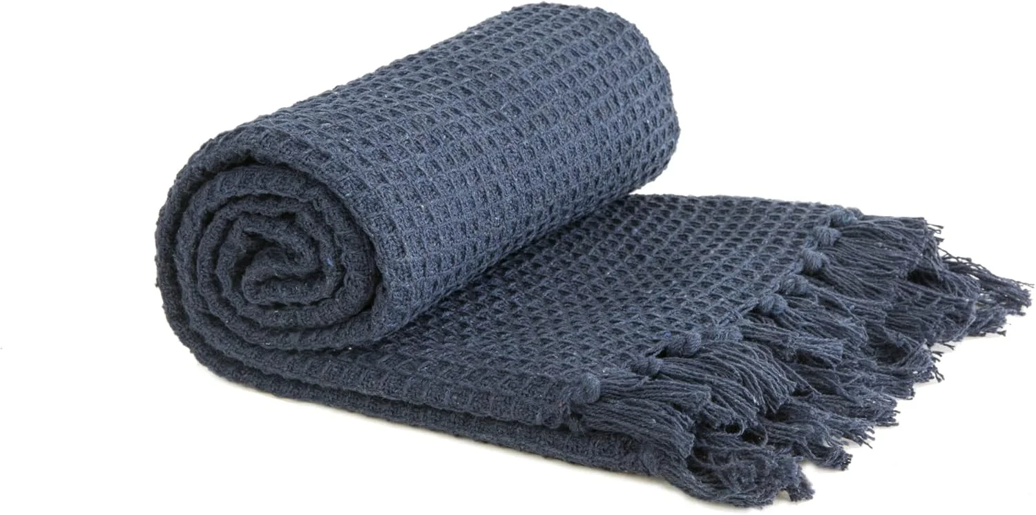 Emma Barclay Honeycomb - Recycled Cotton Plain Waffle Textured Chair Sofa Setee Throw Over Blanket in Navy Blue - 50x60 (127x152cm) Emma Barclay Honeycomb - Recycled Cotton Plain Waffle Textured Chair Sofa Setee Throw Over Blanket in Navy Blue - 50x60 (127x152cm)