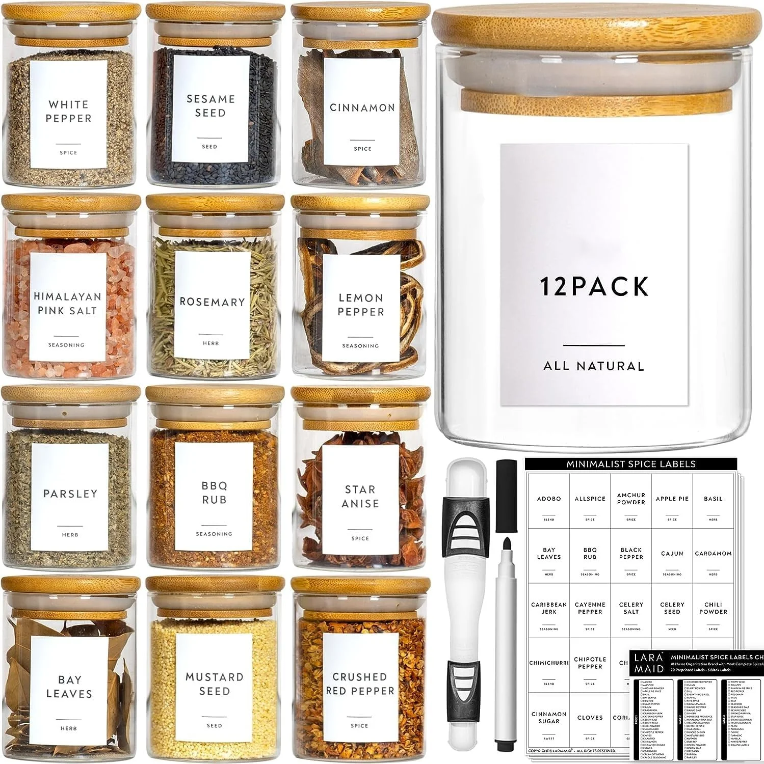 ست ظروف شیشه ای 6 اونسی LARA MAID، بسته 12 عددی، ظروف استوانه ای ادویه با درب بامبو و برچسب های سفارشی، ظروف نگهداری مواد غذایی برای آشپزخانه منزل، ادویه، گیاهان، چاشنی، دانه، چای، شکر، نمک ست ظروف شیشه ای 6 اونسی LARA MAID، بسته 12 عددی، ظروف استوانه ای ادویه با درب بامبو و برچسب های سفارشی، ظروف نگهداری مواد غذایی برای آشپزخانه منزل، ادویه، گیاهان، چاشنی، دانه، چای، شکر، نمک