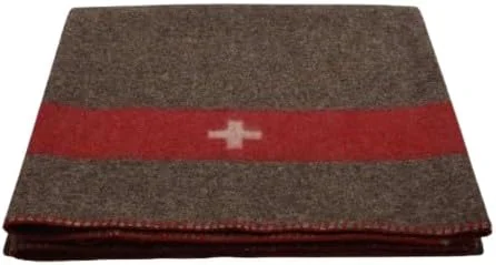 NWF Swiss Army Blanket Wool Chestnut Brown with White Cross and Red Stripe (70x80) inches NWF Swiss Army Blanket Wool Chestnut Brown with White Cross and Red Stripe (70x80) inches