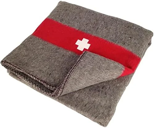 NWF Swiss Army Blanket Wool Chestnut Brown with White Cross and Red Stripe (70x80) inches