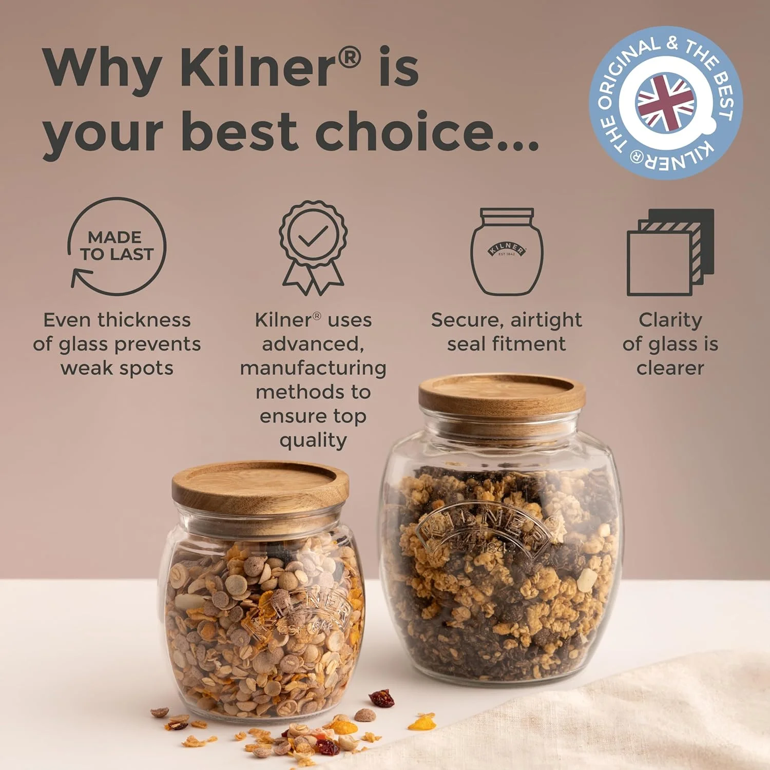 ظرف شیشه ای درب چوبی Kilner Universal با ظرفیت 2 لیتر، مناسب برای نگهداری مواد غذایی خشک مانند غلات، پاستا و حبوبات ظرف شیشه ای درب چوبی Kilner Universal با ظرفیت 2 لیتر، مناسب برای نگهداری مواد غذایی خشک مانند غلات، پاستا و حبوبات