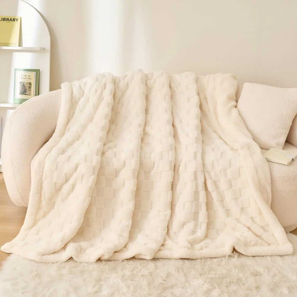 پتو پشمی شرپا NUODWELL، پتوهای نرم و کرکی، پتوی گرم و لطیف، پتوی بزرگ شطرنجی برای مبل و تخت (بژ، 150 * 200 سانتی متر)