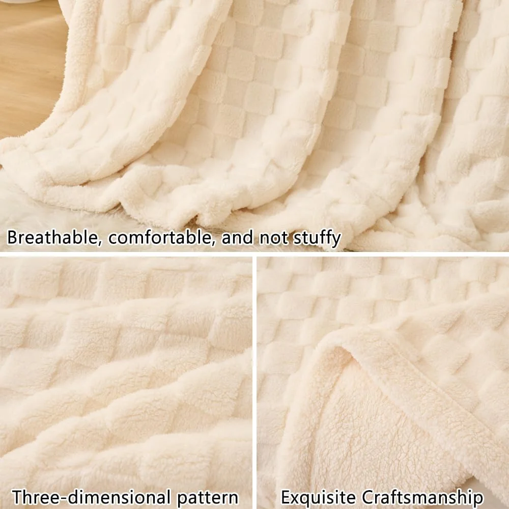 پتو پشمی شرپا NUODWELL، پتوهای نرم و کرکی، پتوی گرم و لطیف، پتوی بزرگ شطرنجی برای مبل و تخت (بژ، 150 * 200 سانتی متر)