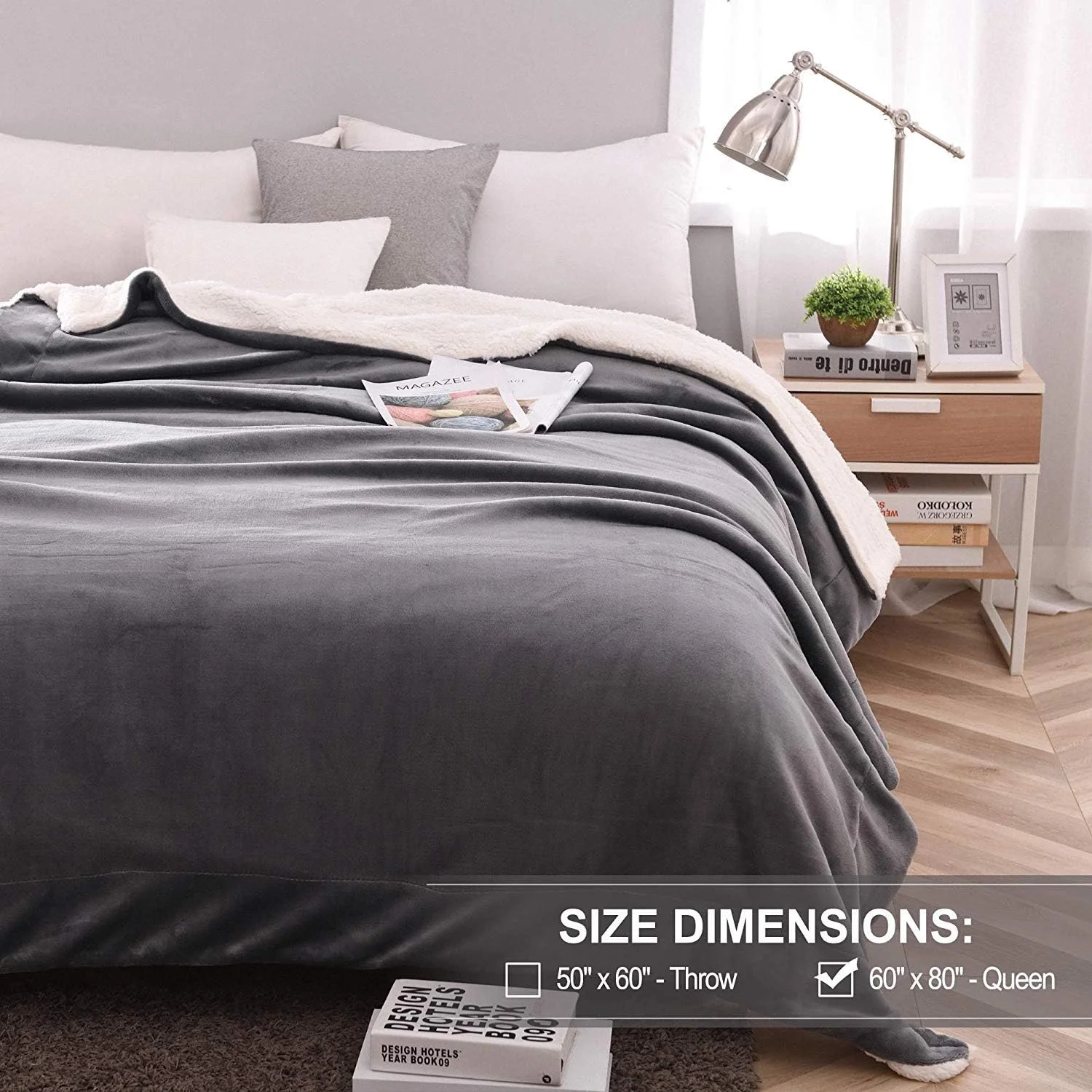 پتوی شرپای NANPIPER، پتوی گرم تختخواب دونفره برای زمستان، پتوی نرم و دنج برای مبل، پتو پشمی فلانل/مانند پشم، پتوی مخملی برگشت پذیر (خاکستری، سایز دونفره 152x203 سانتی متر)