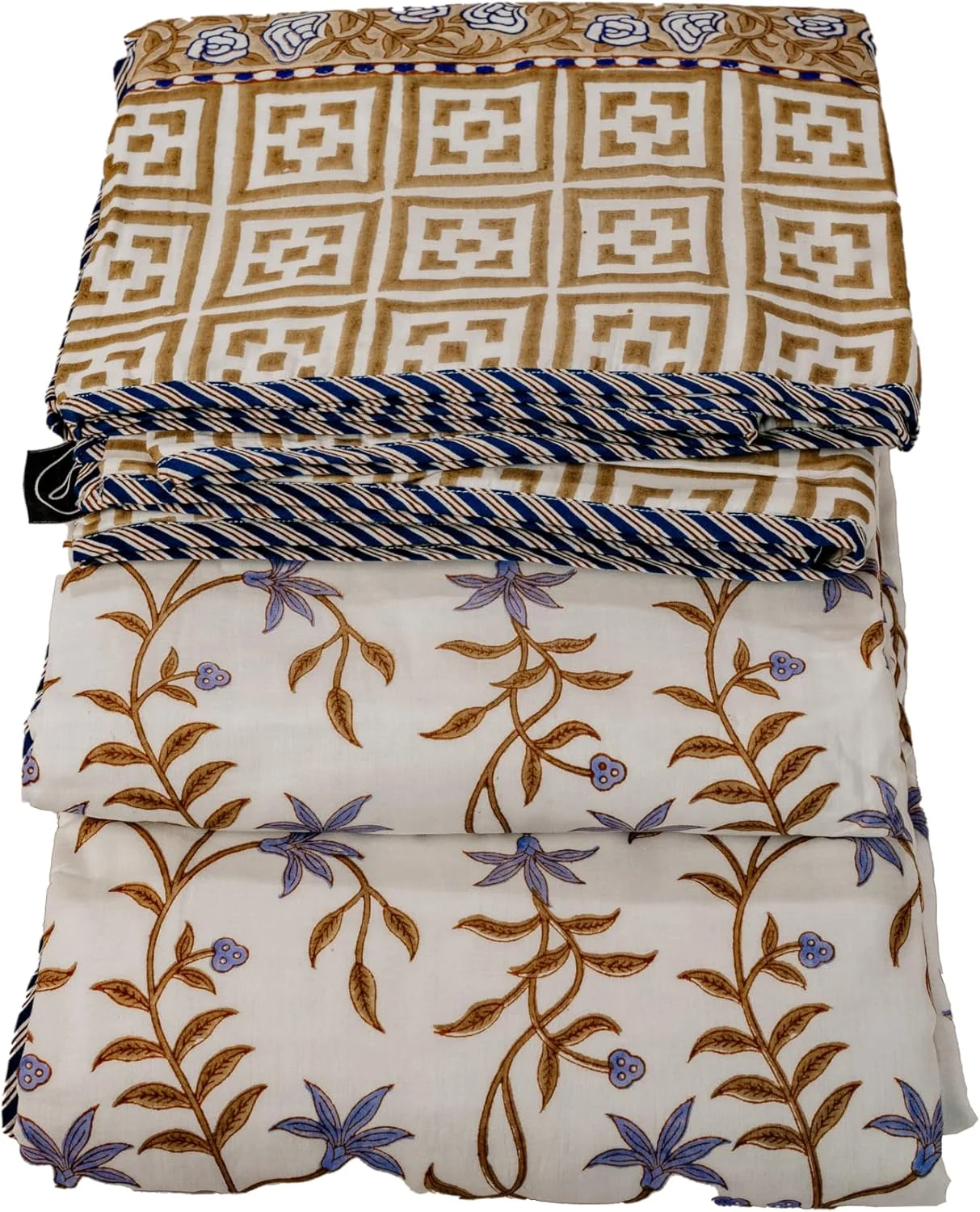 دوهر چاپی ململ - سه لایه با آستر فلانل، عاجی با طرح هندسی خردلی و گلدار اسطوخودوسی، حاشیه آبی و سفید، پتوی سبک وزن دو رو، 90 در 108 اینچ دوهر چاپی ململ - سه لایه با آستر فلانل، عاجی با طرح هندسی خردلی و گلدار اسطوخودوسی، حاشیه آبی و سفید، پتوی سبک وزن دو رو، 90 در 108 اینچ