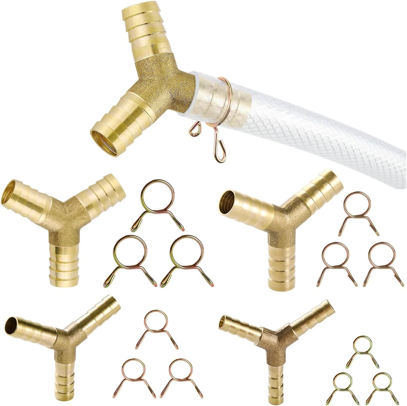 YIXISI بسته 4 عددی اتصالات شیلنگ، اتصال دهنده شیلنگ برنجی 3 راهی Y شکل، اتصال دهنده برنجی، به همراه 12 عدد بست شیلنگ، برای سوخت، هوا (6 میلی متر، 8 میلی متر، 10 میلی متر، 12 میلی متر)