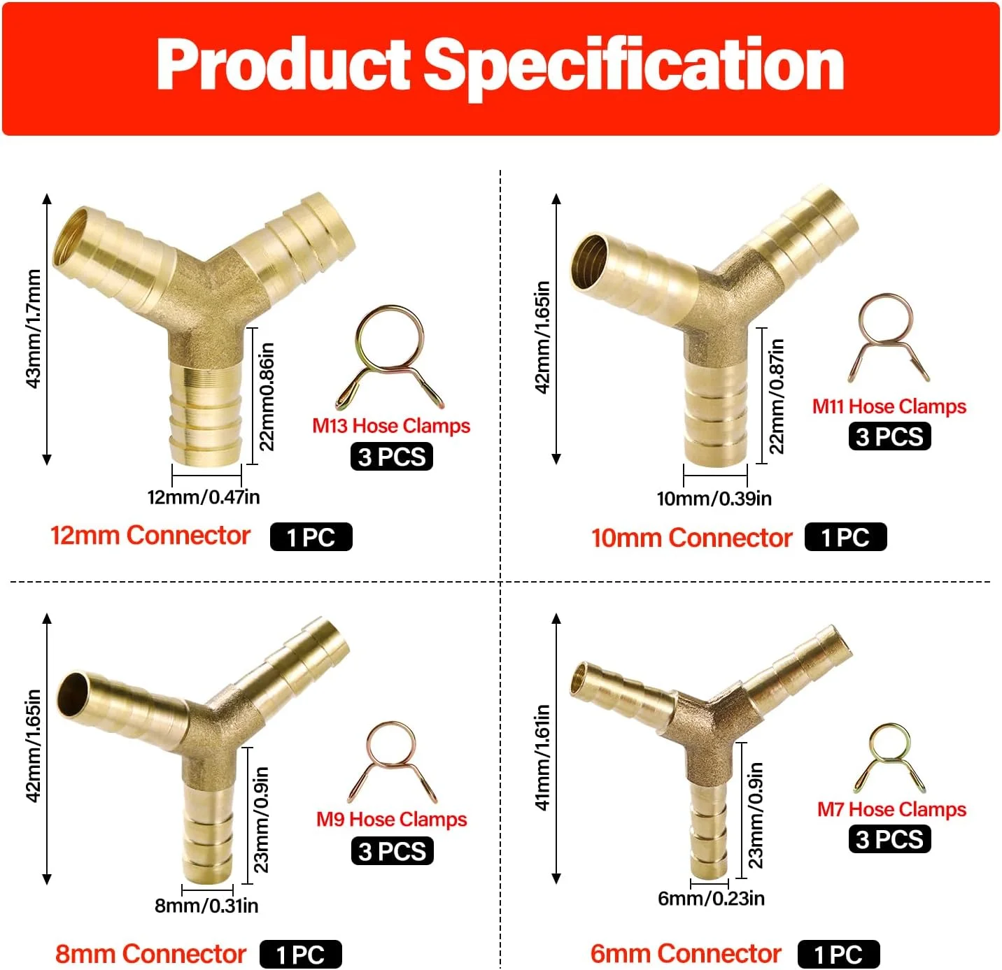 YIXISI بسته 4 عددی اتصالات شیلنگ، اتصال دهنده شیلنگ برنجی 3 راهی Y شکل، اتصال دهنده برنجی، به همراه 12 عدد بست شیلنگ، برای سوخت، هوا (6 میلی متر، 8 میلی متر، 10 میلی متر، 12 میلی متر)