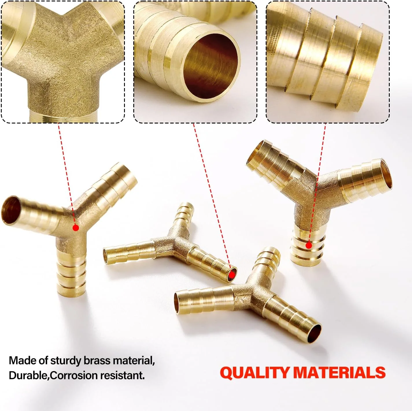YIXISI بسته 4 عددی اتصالات شیلنگ، اتصال دهنده شیلنگ برنجی 3 راهی Y شکل، اتصال دهنده برنجی، به همراه 12 عدد بست شیلنگ، برای سوخت، هوا (6 میلی متر، 8 میلی متر، 10 میلی متر، 12 میلی متر)