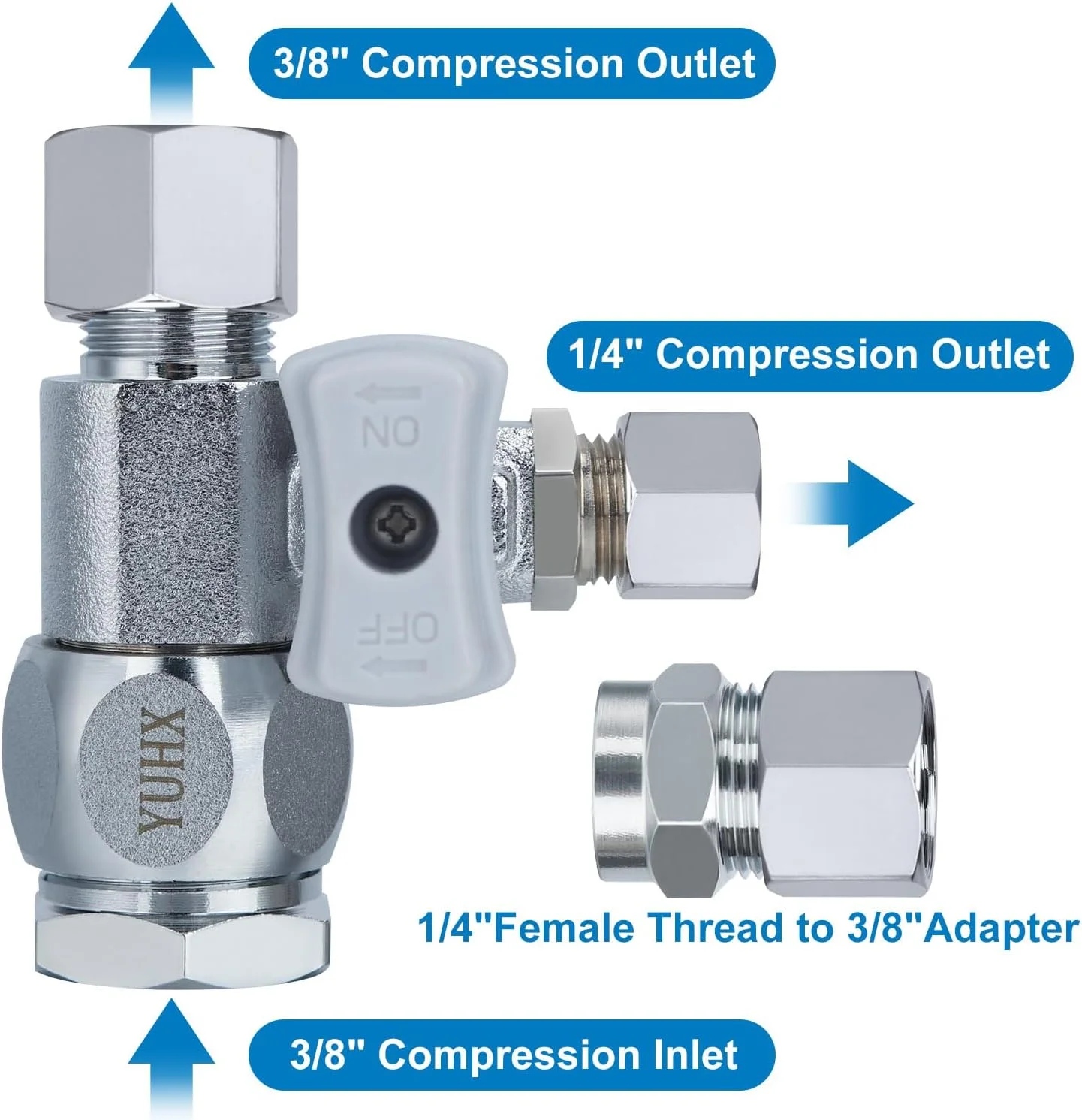 اتصال سه راهی شیر آب YUHX، سایز 3/8" x 1/4" یا 3/8"، اتصال انشعاب خط آب 1/2 x 1/4 یا 3/8، اتصال خروجی فشاری 1/4 یا 3/8 اینچ