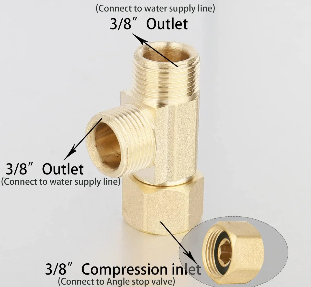 اتصالات سه راهی فشاری WHK 3/8 برای تقسیم خط آب - شیر سه طرفه برنجی بدون سرب، ورودی فشاری 3/8 اینچ X خروجی فشاری 3/8 اینچ X خروجی فشاری 3/8 اینچ - 2 عدد