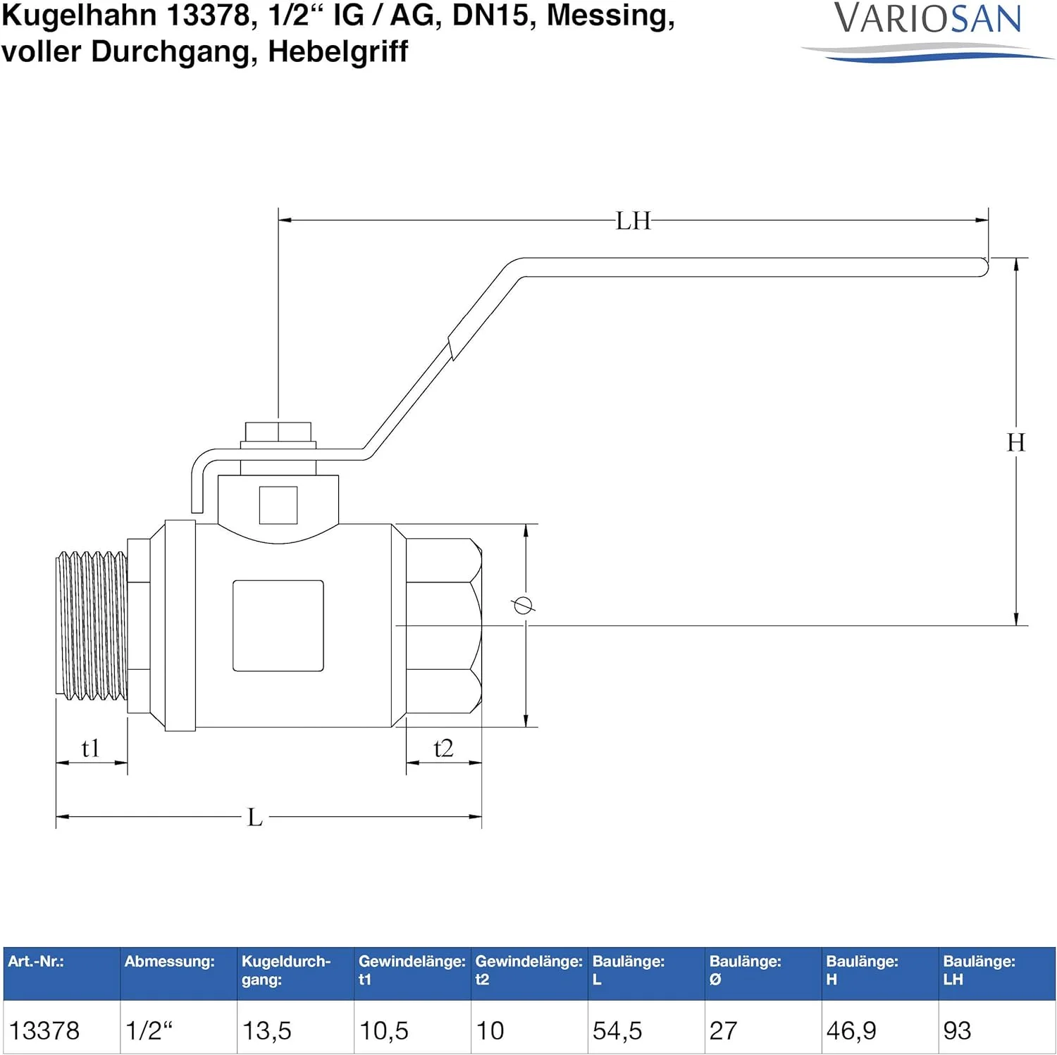 شیر توپی VARIOSAN 13378، رزوه مادگی 1/2 اینچ/AG، DN15، برنجی، تمام گذر، دسته اهرمی