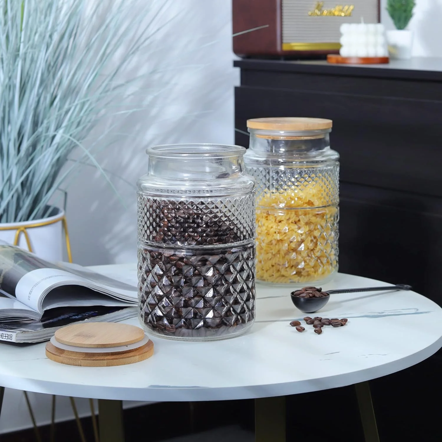 ظروف شیشه ای ذخیره سازی 2 لیتری Joeyan با درب بامبو - ست 2 عددی ظروف شیشه ای بزرگ با بافت - ظروف آشپزخانه درب دار برای اسپاگتی، غلات، کلوچه، آرد، آجیل ظروف شیشه ای ذخیره سازی 2 لیتری Joeyan با درب بامبو - ست 2 عددی ظروف شیشه ای بزرگ با بافت - ظروف آشپزخانه درب دار برای اسپاگتی، غلات، کلوچه، آرد، آجیل
