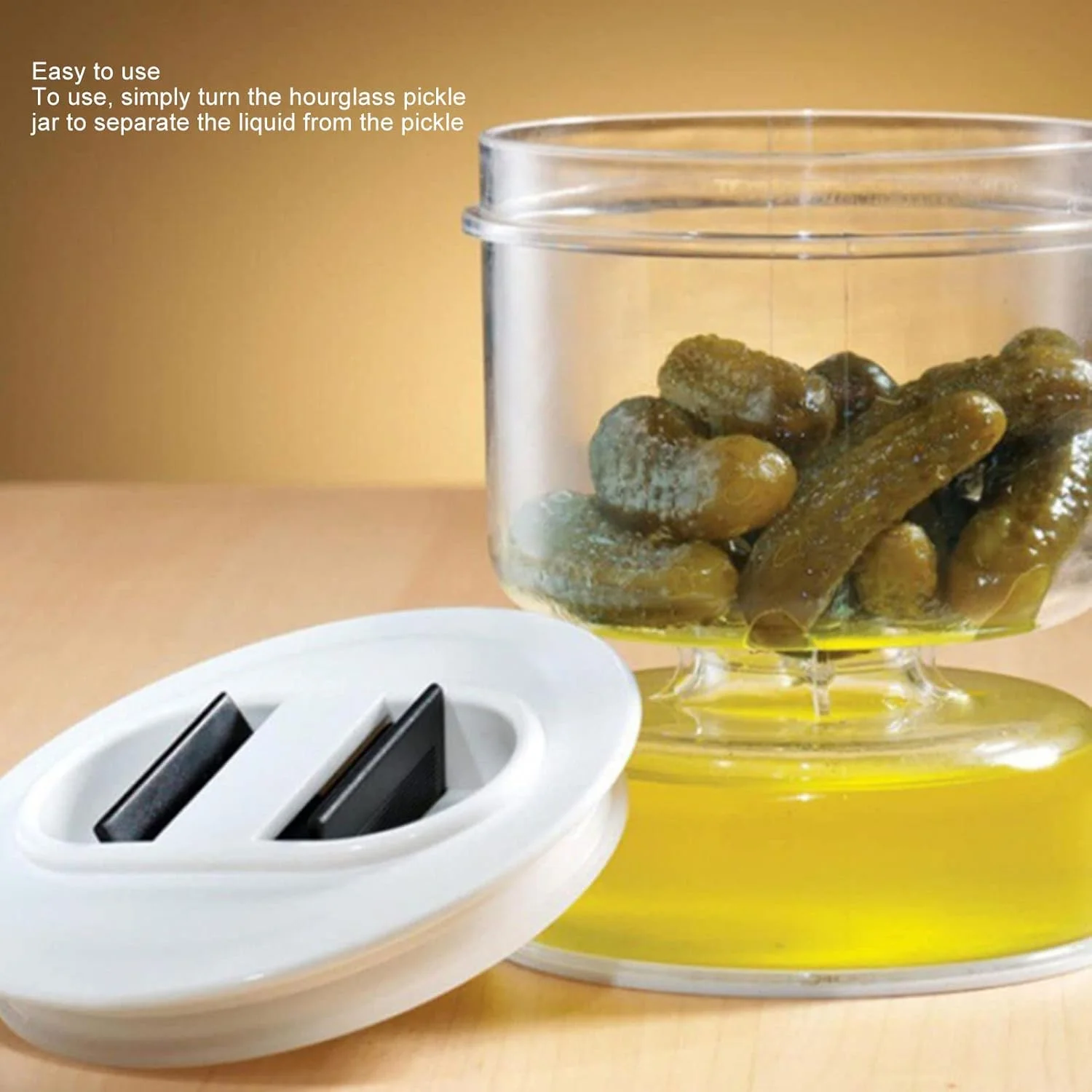 ظرف شیشه ای ساعت شنی ترشی و زیتون، جداکننده چرخشی 240 میلی لیتری با جداسازی خشک و مرطوب، نگهدارنده وارونه شیشه ای ضد نشت برای نگهداری مواد غذایی به صورت هوابند