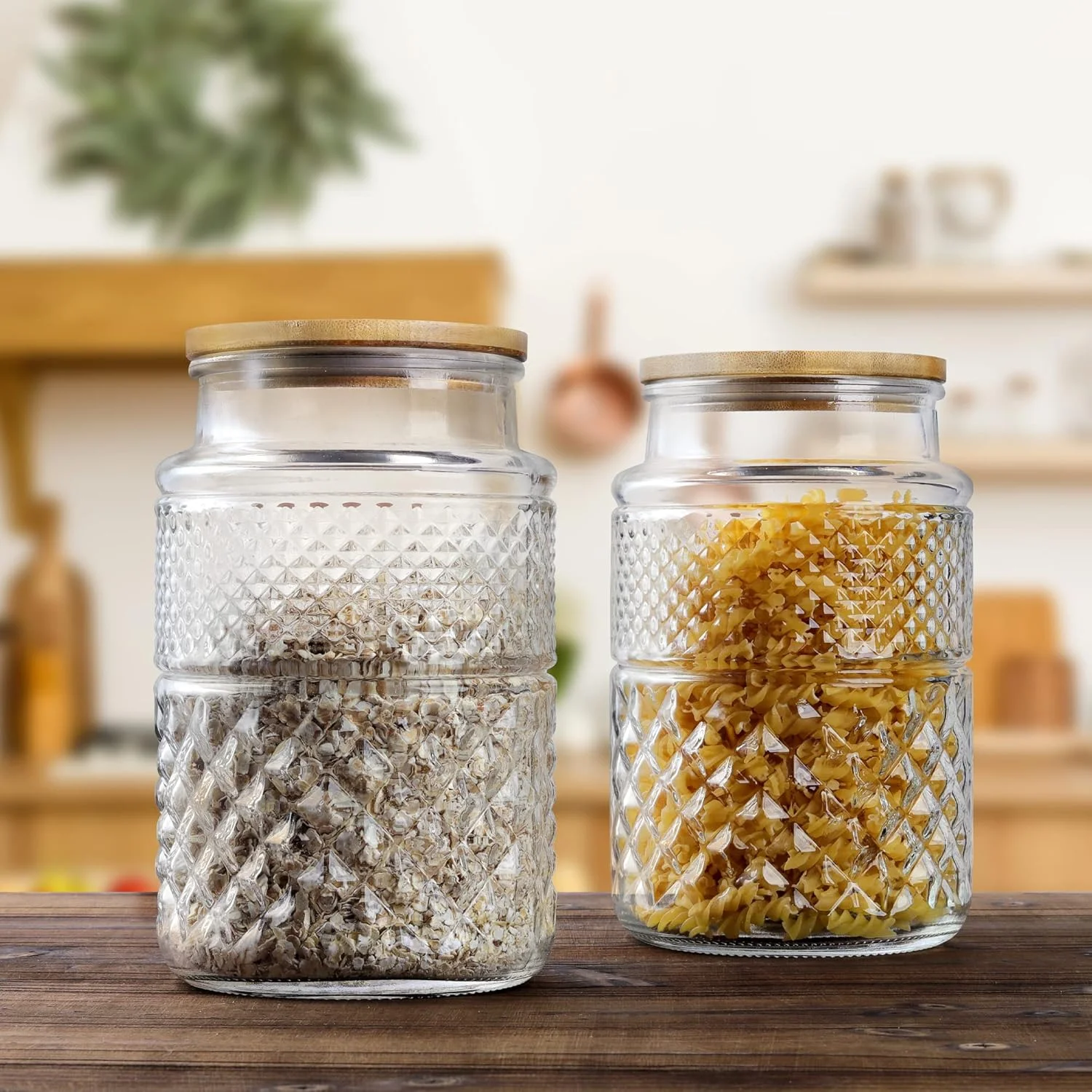 ظروف شیشه ای ذخیره سازی 2 لیتری Joeyan با درب بامبو - ست 2 عددی ظروف شیشه ای بزرگ با بافت - ظروف آشپزخانه درب دار برای اسپاگتی، غلات، کلوچه، آرد، آجیل ظروف شیشه ای ذخیره سازی 2 لیتری Joeyan با درب بامبو - ست 2 عددی ظروف شیشه ای بزرگ با بافت - ظروف آشپزخانه درب دار برای اسپاگتی، غلات، کلوچه، آرد، آجیل