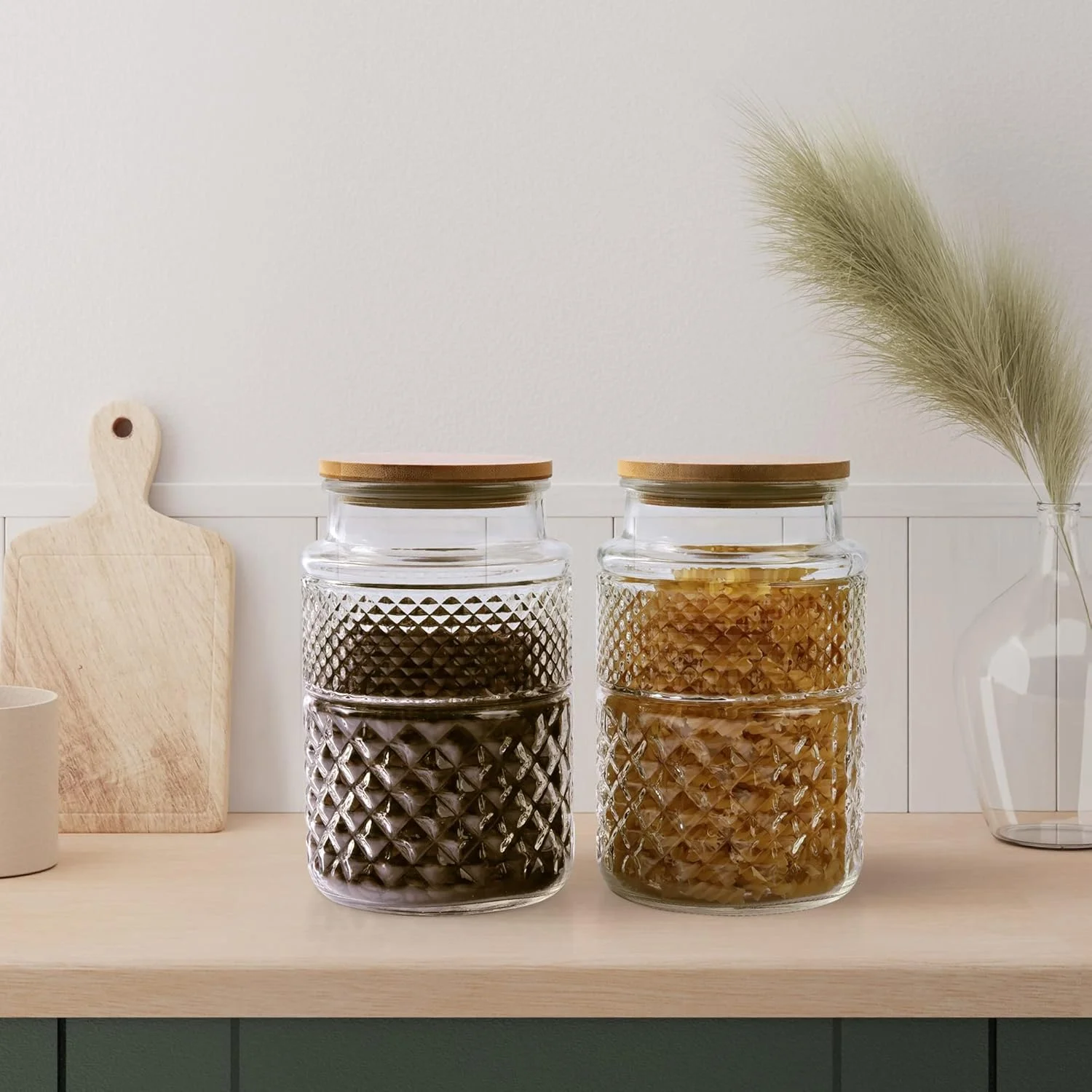 ظروف شیشه ای ذخیره سازی 2 لیتری Joeyan با درب بامبو - ست 2 عددی ظروف شیشه ای بزرگ با بافت - ظروف آشپزخانه درب دار برای اسپاگتی، غلات، کلوچه، آرد، آجیل ظروف شیشه ای ذخیره سازی 2 لیتری Joeyan با درب بامبو - ست 2 عددی ظروف شیشه ای بزرگ با بافت - ظروف آشپزخانه درب دار برای اسپاگتی، غلات، کلوچه، آرد، آجیل
