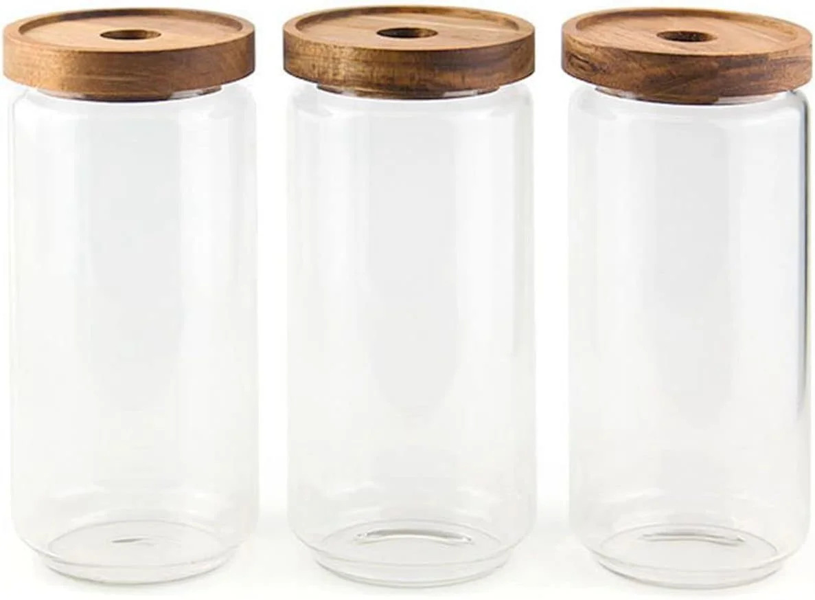 ست 3 تایی ظروف شیشه ای درب چوبی آشپزخانه HOOPZOZA، ظروف نگهداری شیشه ای با درب توپی چوبی، مناسب برای سازماندهی مواد غذایی در کابینت، مناسب برای نگهداری دانه های قهوه، شکر، قهوه، آبنبات و تنقلات (ست چوبی B) ست 3 تایی ظروف شیشه ای درب چوبی آشپزخانه HOOPZOZA، ظروف نگهداری شیشه ای با درب توپی چوبی، مناسب برای سازماندهی مواد غذایی در کابینت، مناسب برای نگهداری دانه های قهوه، شکر، قهوه، آبنبات و تنقلات (ست چوبی B)