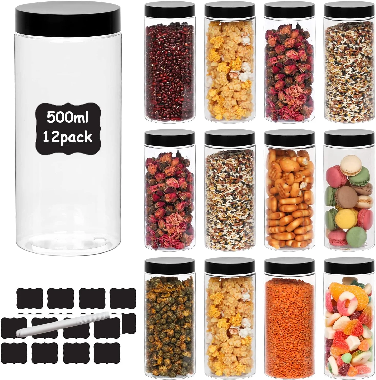 بسته 12 عددی شیشه های پلاستیکی HYCKee با درب مشکی، شیشه های پلاستیکی 500 میلی لیتری برای نگهداری مواد غذایی خشک، ادویه جات، حبوبات، 1 عدد قلم و 20 عدد برچسب برای نگهداری در آشپزخانه و انبار بسته 12 عددی شیشه های پلاستیکی HYCKee با درب مشکی، شیشه های پلاستیکی 500 میلی لیتری برای نگهداری مواد غذایی خشک، ادویه جات، حبوبات، 1 عدد قلم و 20 عدد برچسب برای نگهداری در آشپزخانه و انبار