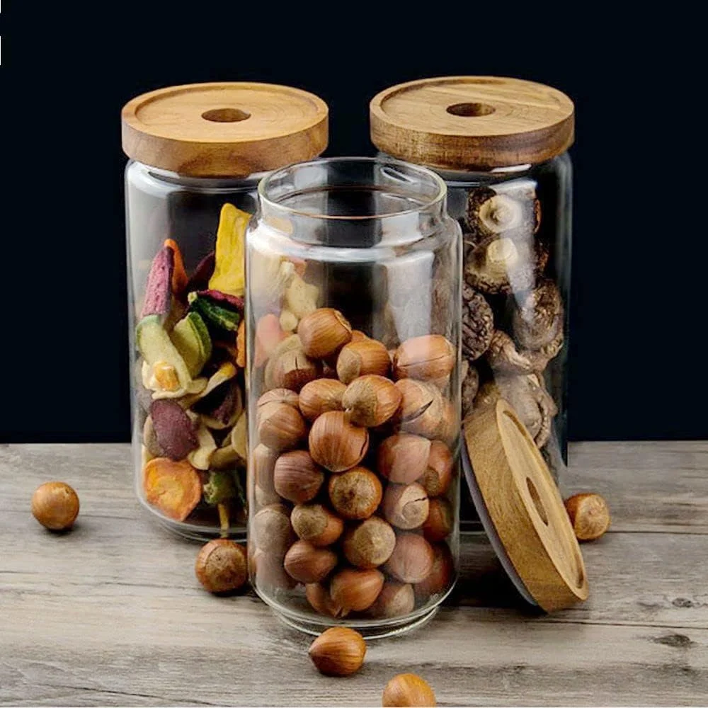 ست 3 تایی ظروف شیشه ای درب چوبی آشپزخانه HOOPZOZA، ظروف نگهداری شیشه ای با درب توپی چوبی، مناسب برای سازماندهی مواد غذایی در کابینت، مناسب برای نگهداری دانه های قهوه، شکر، قهوه، آبنبات و تنقلات (ست چوبی B)