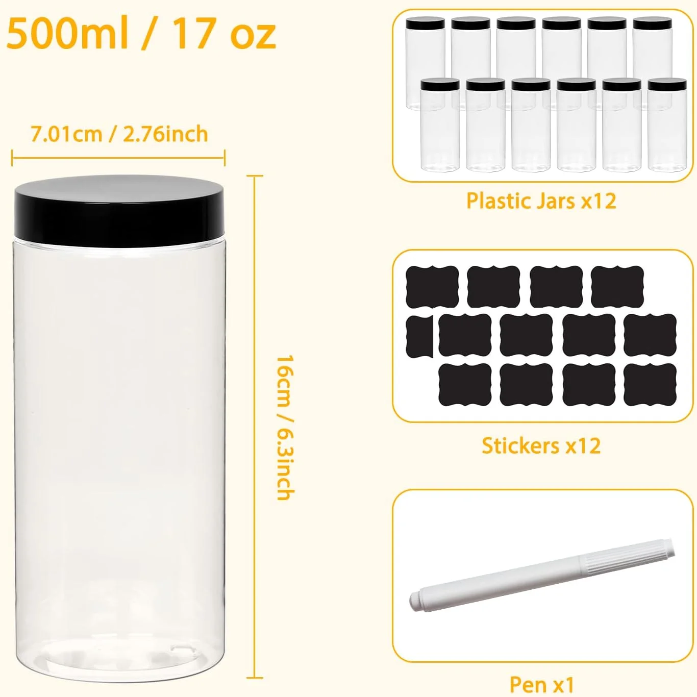بسته 12 عددی شیشه های پلاستیکی HYCKee با درب مشکی، شیشه های پلاستیکی 500 میلی لیتری برای نگهداری مواد غذایی خشک، ادویه جات، حبوبات، 1 عدد قلم و 20 عدد برچسب برای نگهداری در آشپزخانه و انبار بسته 12 عددی شیشه های پلاستیکی HYCKee با درب مشکی، شیشه های پلاستیکی 500 میلی لیتری برای نگهداری مواد غذایی خشک، ادویه جات، حبوبات، 1 عدد قلم و 20 عدد برچسب برای نگهداری در آشپزخانه و انبار