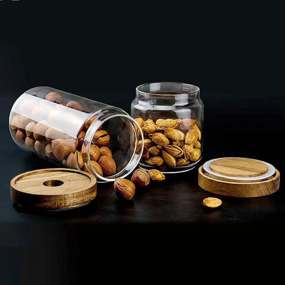 ست 3 تایی ظروف شیشه ای درب چوبی آشپزخانه HOOPZOZA، ظروف نگهداری شیشه ای با درب توپی چوبی، مناسب برای سازماندهی مواد غذایی در کابینت، مناسب برای نگهداری دانه های قهوه، شکر، قهوه، آبنبات و تنقلات (ست چوبی B)