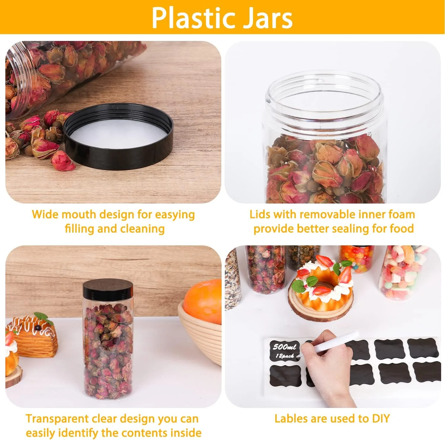 بسته 12 عددی شیشه های پلاستیکی HYCKee با درب مشکی، شیشه های پلاستیکی 500 میلی لیتری برای نگهداری مواد غذایی خشک، ادویه جات، حبوبات، 1 عدد قلم و 20 عدد برچسب برای نگهداری در آشپزخانه و انبار بسته 12 عددی شیشه های پلاستیکی HYCKee با درب مشکی، شیشه های پلاستیکی 500 میلی لیتری برای نگهداری مواد غذایی خشک، ادویه جات، حبوبات، 1 عدد قلم و 20 عدد برچسب برای نگهداری در آشپزخانه و انبار