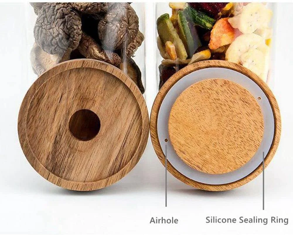 ست 3 تایی ظروف شیشه ای درب چوبی آشپزخانه HOOPZOZA، ظروف نگهداری شیشه ای با درب توپی چوبی، مناسب برای سازماندهی مواد غذایی در کابینت، مناسب برای نگهداری دانه های قهوه، شکر، قهوه، آبنبات و تنقلات (ست چوبی B)