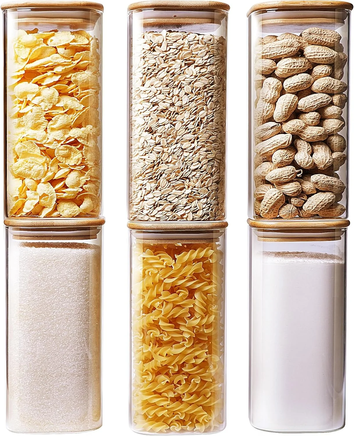 ظروف شیشه ای مربعی HomArtist با درب بامبو 1000 میلی لیتر [مجموعه 6 عددی]، ظروف شیشه ای با درب محکم، ظروف نگهداری مواد غذایی شیشه ای برای پاستا، آرد، شکر، برنج، بهترین برای آشپزخانه و انبار