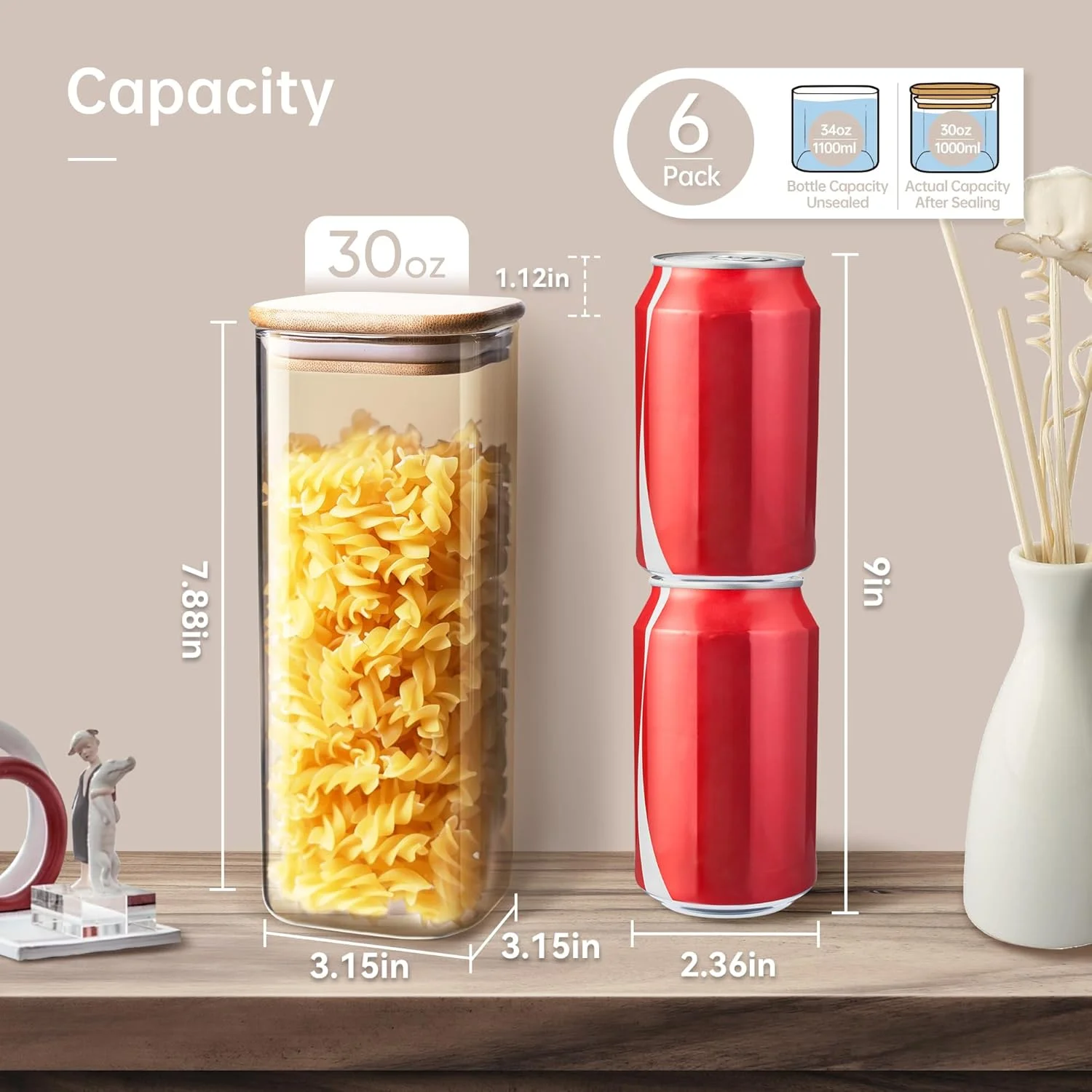 ظروف شیشه ای مربعی HomArtist با درب بامبو 1000 میلی لیتر [مجموعه 6 عددی]، ظروف شیشه ای با درب محکم، ظروف نگهداری مواد غذایی شیشه ای برای پاستا، آرد، شکر، برنج، بهترین برای آشپزخانه و انبار