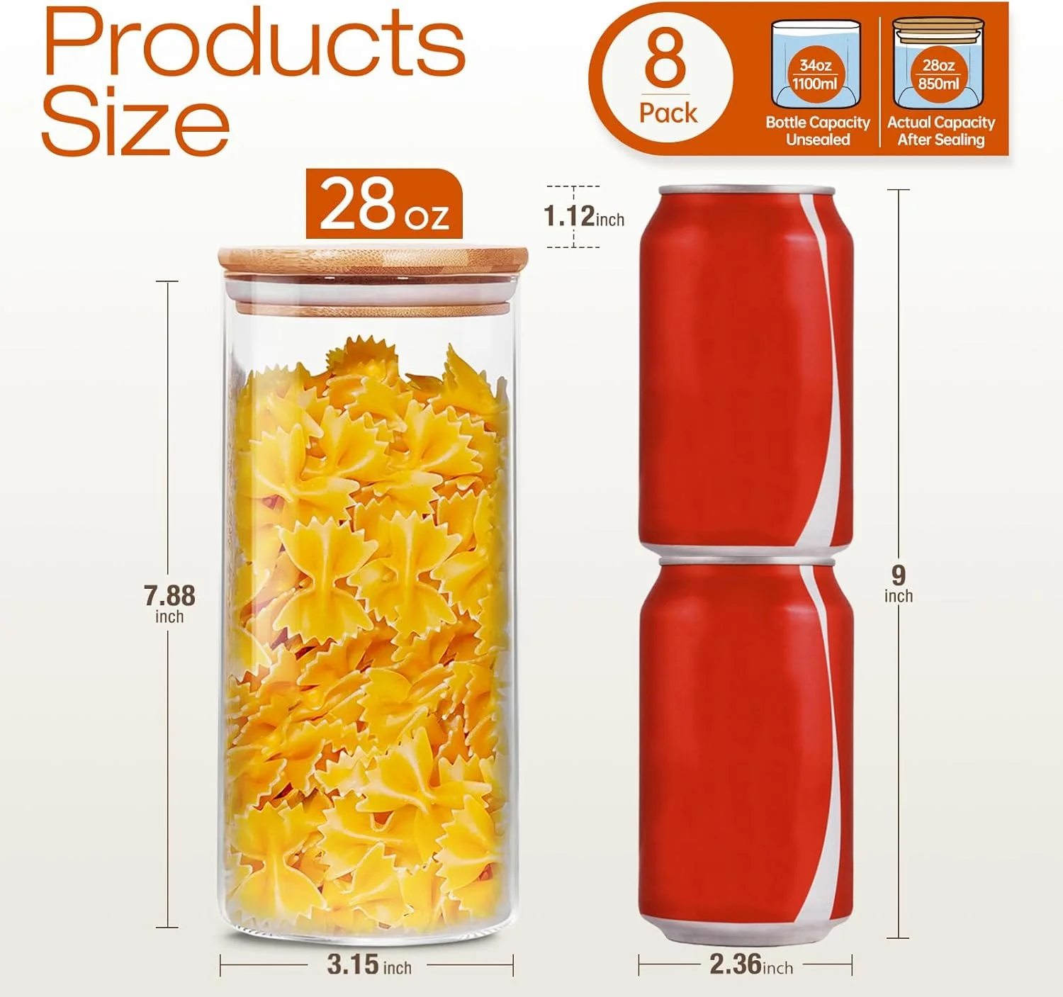 ظروف شیشه ای HomArtist با درب بامبو 1000 میلی لیتر [مجموعه 8 عددی]، ظروف شیشه ای با درب های هواگیر، ظروف نگهداری مواد غذایی شیشه ای برای پاستا، جو دوسر، قهوه، آرد، شکر، برنج، بهترین برای آشپزخانه و انبار