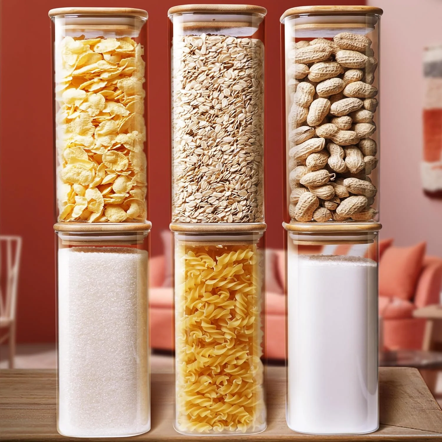 ظروف شیشه ای مربعی HomArtist با درب بامبو 1000 میلی لیتر [مجموعه 6 عددی]، ظروف شیشه ای با درب محکم، ظروف نگهداری مواد غذایی شیشه ای برای پاستا، آرد، شکر، برنج، بهترین برای آشپزخانه و انبار