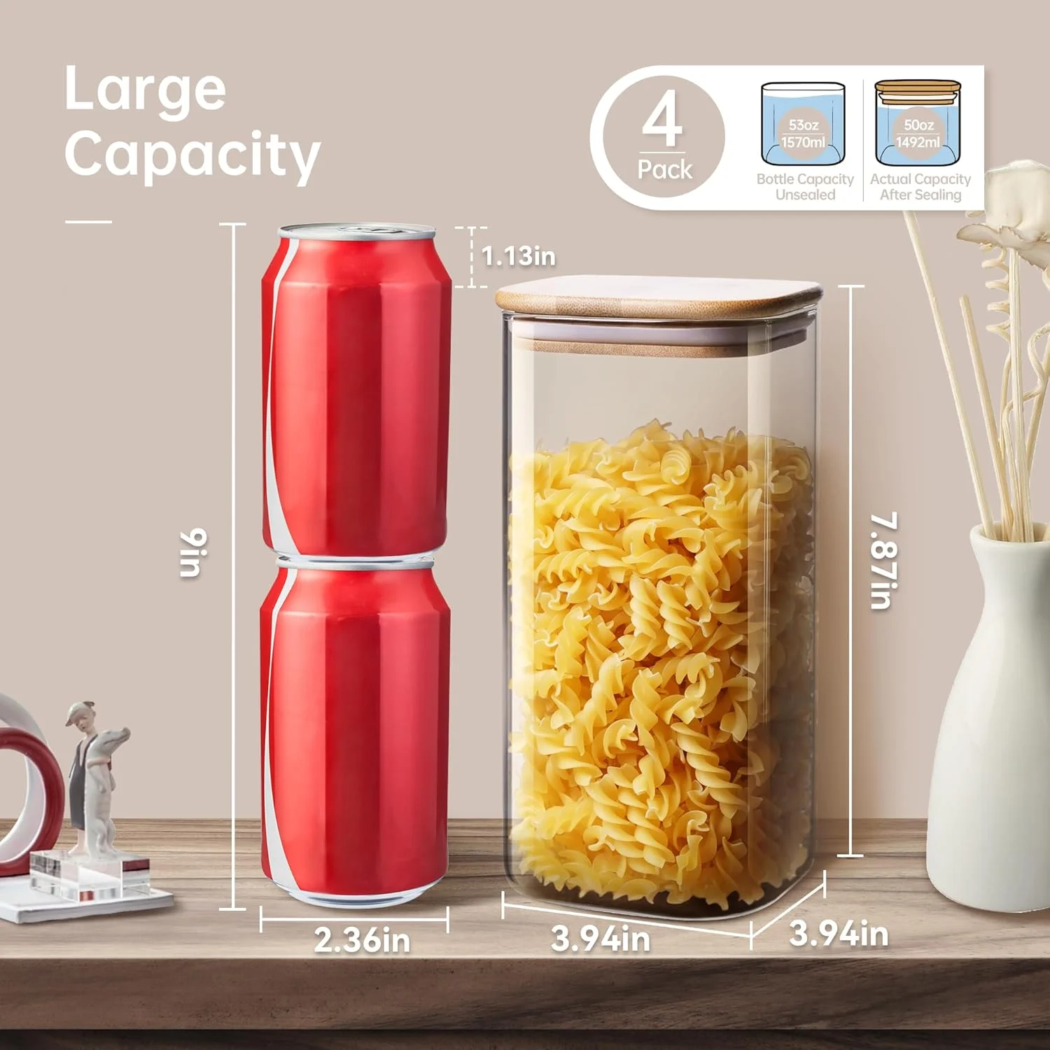 ظروف شیشه ای مربعی HomArtist با درب بامبو 1570 میلی لیتر [مجموعه 4 عددی]، ظروف شیشه ای با درب محکم، ظروف نگهداری مواد غذایی شیشه ای برای پاستا، غلات، قهوه، آرد، شکر، بهترین برای آشپزخانه و انبار