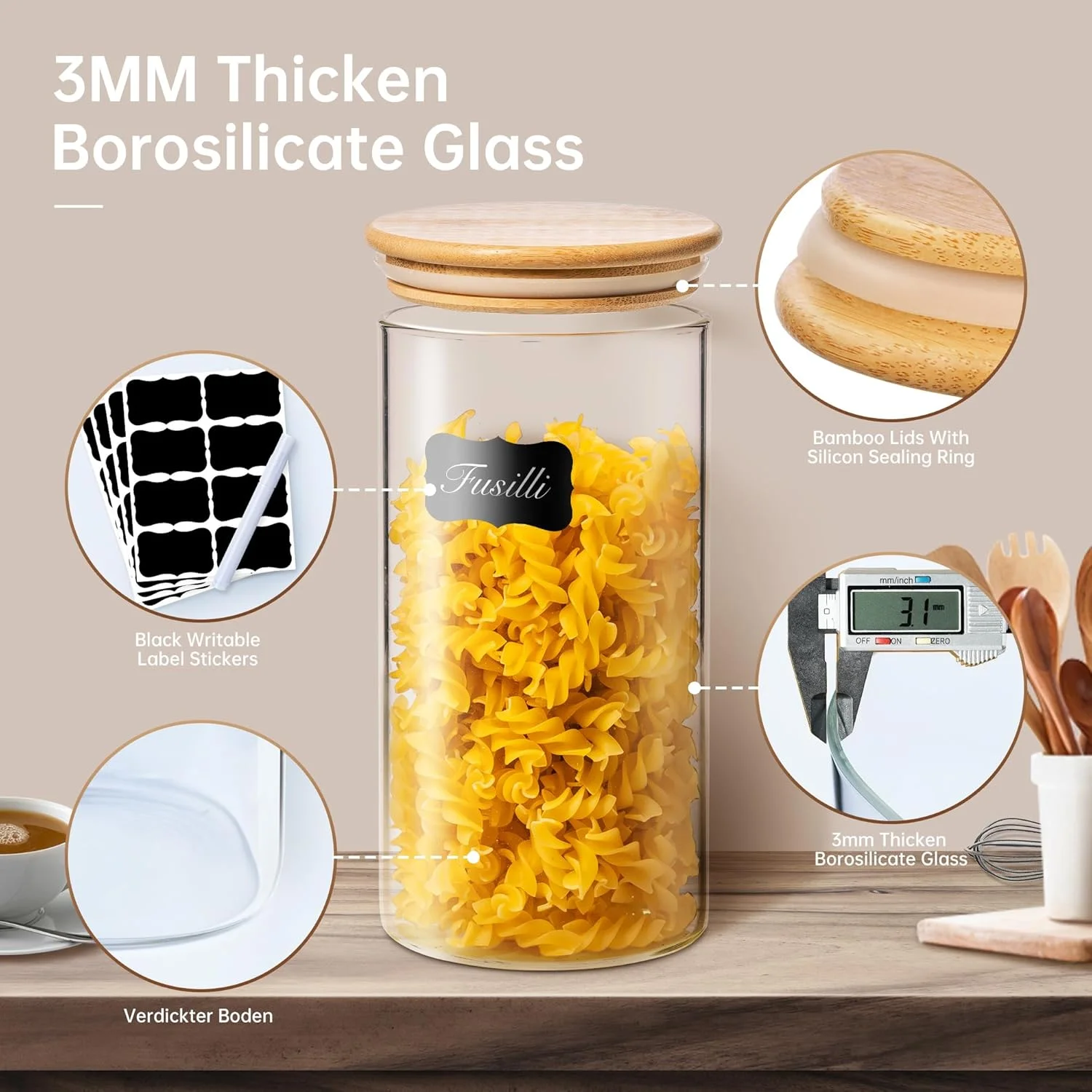 ظروف نگهداری شیشه ای HomArtist با درب [مجموعه 5 عددی چند سایز]، شیشه های مربا با درب بامبو، ظرف نگهداری مواد غذایی شیشه ای درب دار، مجموعه ظروف شیشه ای برای نگهداری پاستا، آرد و غلات در آشپزخانه