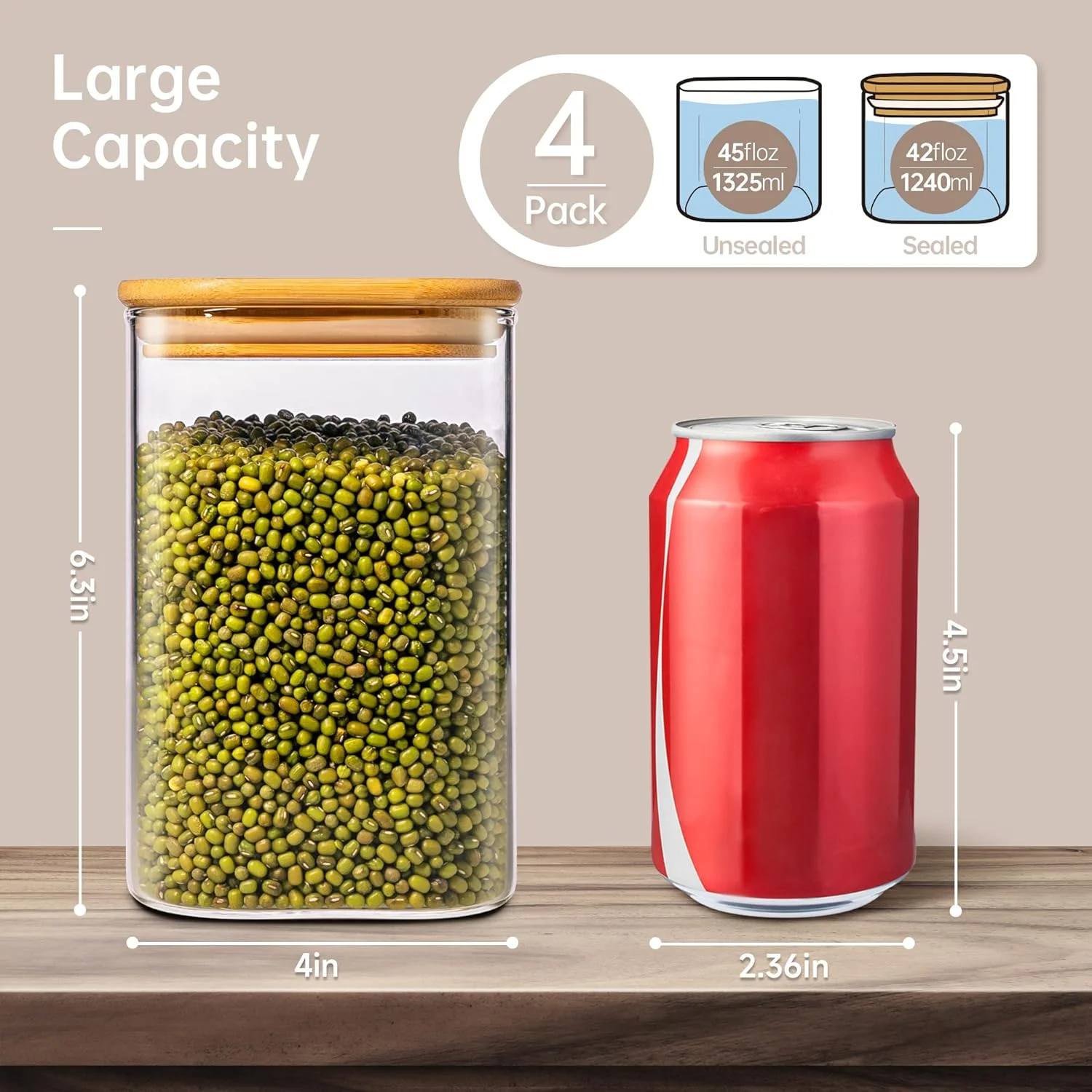 ظروف شیشه ای مربعی HomArtist با درب بامبو، بسته 4 عددی ظروف نگهداری مواد غذایی شیشه ای 1250 میلی لیتری با درب، ظروف شیشه ای با درب های محکم، ظروف نگهداری مواد غذایی شیشه ای برای آرد، شکر، پاستا، غلات