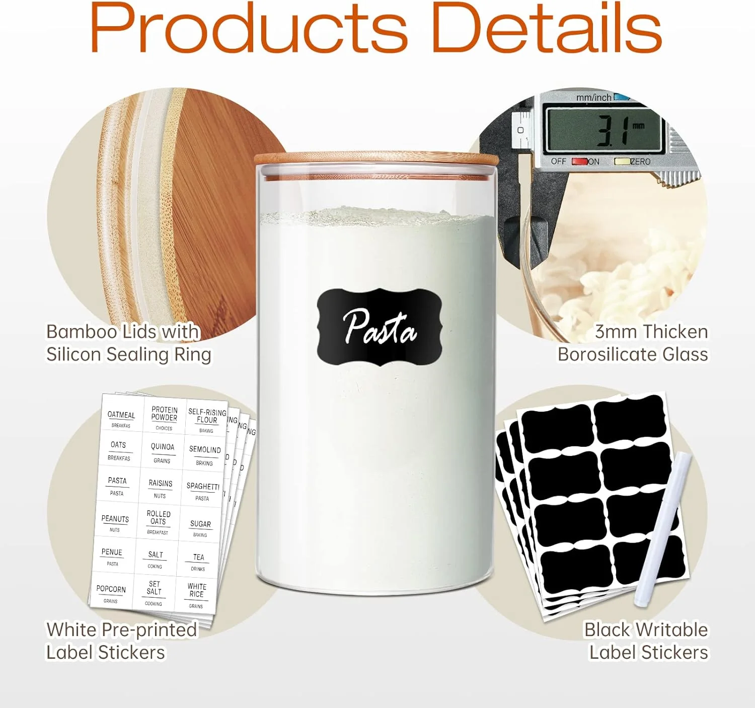 ظروف شیشه ای HomArtist با درب بامبو 1000 میلی لیتر [مجموعه 8 عددی]، ظروف شیشه ای با درب های هواگیر، ظروف نگهداری مواد غذایی شیشه ای برای پاستا، جو دوسر، قهوه، آرد، شکر، برنج، بهترین برای آشپزخانه و انبار