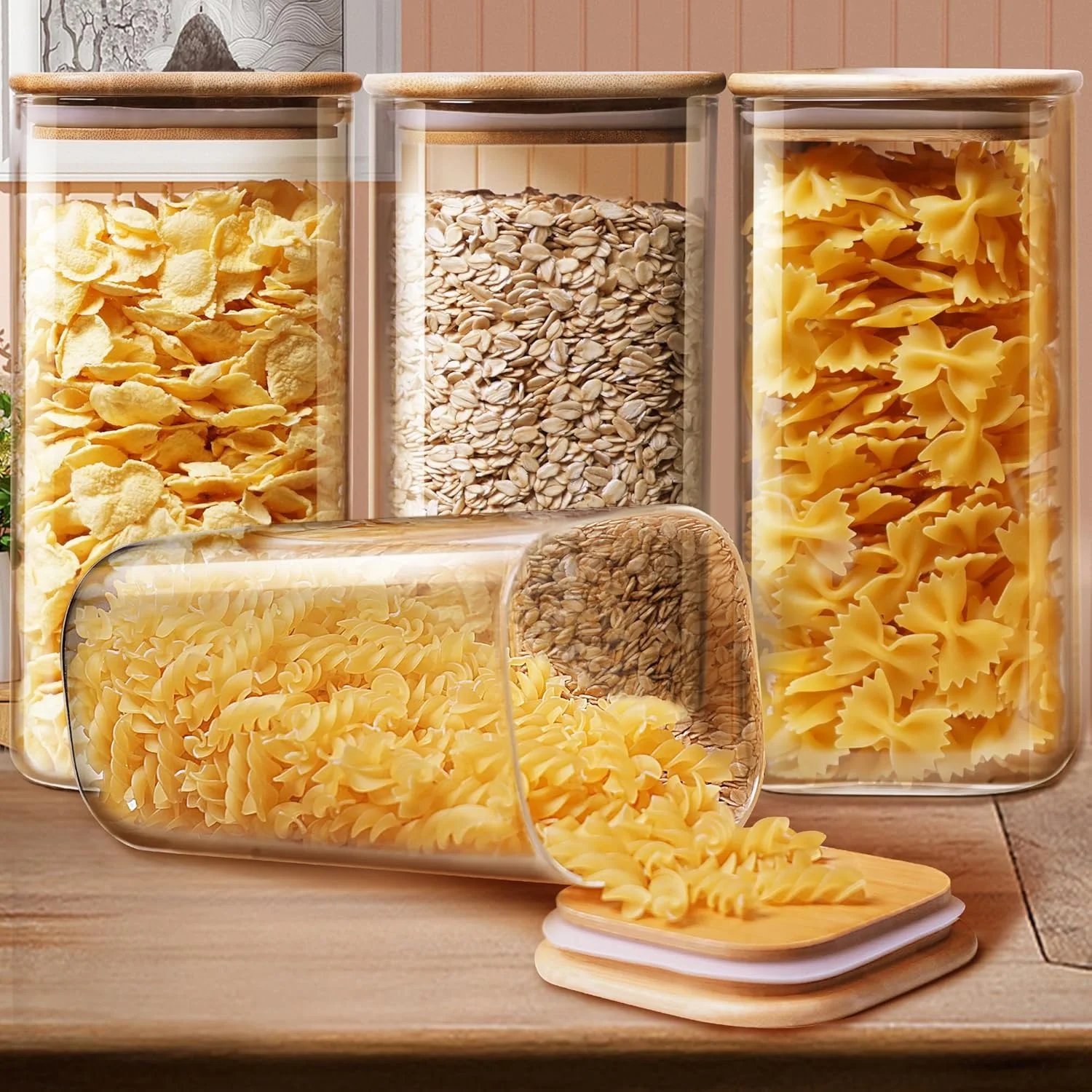 ظروف شیشه ای مربعی HomArtist با درب بامبو 1570 میلی لیتر [مجموعه 4 عددی]، ظروف شیشه ای با درب محکم، ظروف نگهداری مواد غذایی شیشه ای برای پاستا، غلات، قهوه، آرد، شکر، بهترین برای آشپزخانه و انبار