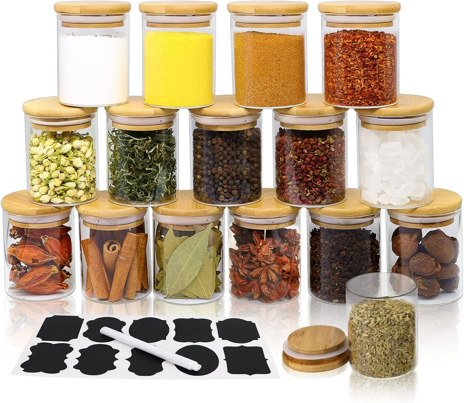 ست 16 تکه شیشه ای جای ادویه Hoanra با درب های بامبو و برچسب های هواگیر، ظروف کوچک شیشه ای 250 میلی لیتری برای سازماندهی آشپزخانه، چای، ادویه جات، قهوه، آب نبات و گیاهان ست 16 تکه شیشه ای جای ادویه Hoanra با درب های بامبو و برچسب های هواگیر، ظروف کوچک شیشه ای 250 میلی لیتری برای سازماندهی آشپزخانه، چای، ادویه جات، قهوه، آب نبات و گیاهان