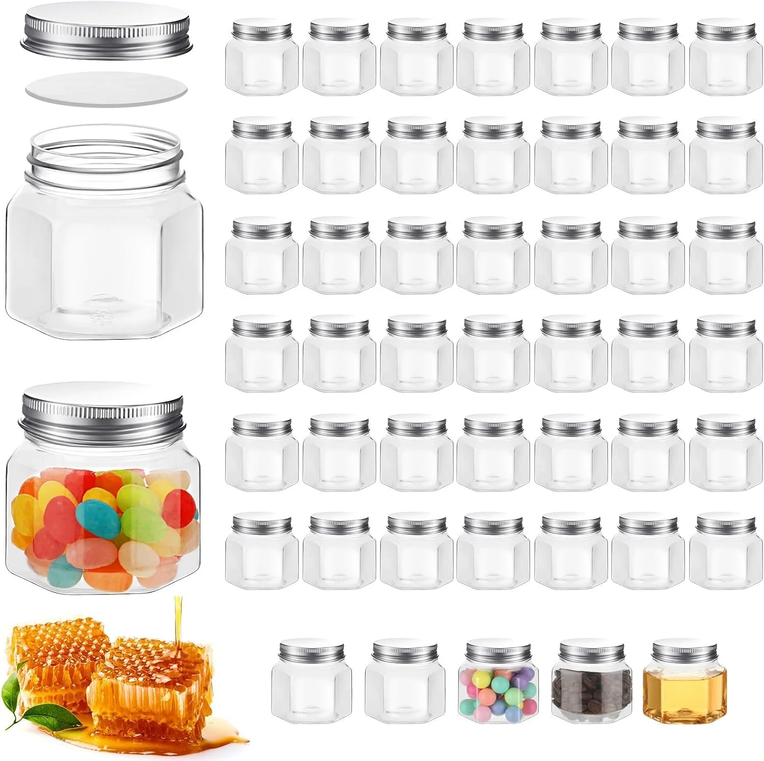 25 عدد شیشه پلاستیکی شش ضلعی 3 اونسی با درب، شیشه های کوچک عسل دهانه گشاد برای کنسرو کردن، مناسب برای مهمانی، هدیه عروسی، جشن نوزاد، هدیه DIY، ژله (نقره ای) 25 عدد شیشه پلاستیکی شش ضلعی 3 اونسی با درب، شیشه های کوچک عسل دهانه گشاد برای کنسرو کردن، مناسب برای مهمانی، هدیه عروسی، جشن نوزاد، هدیه DIY، ژله (نقره ای)